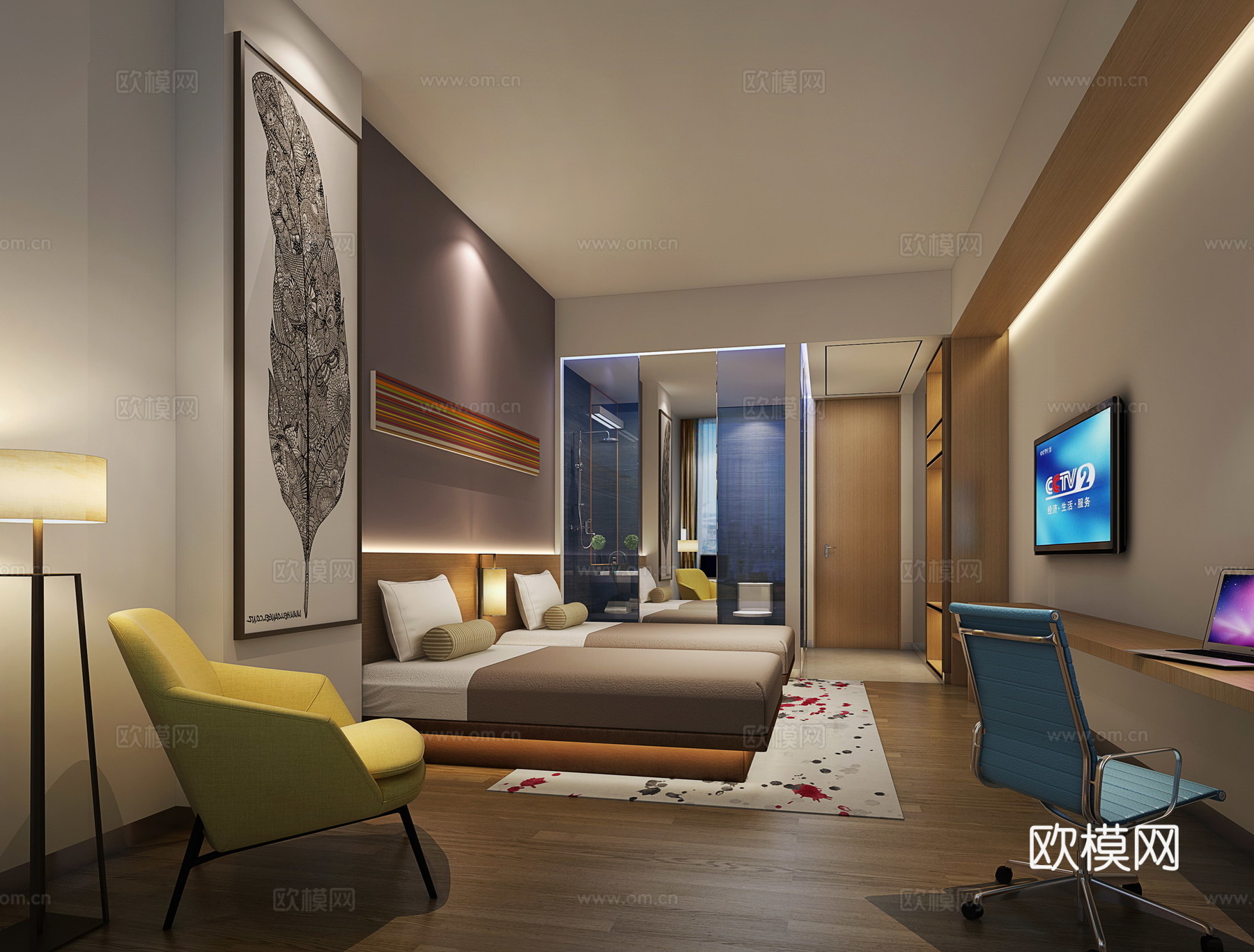 现代酒店客房 标间 双人房3d模型