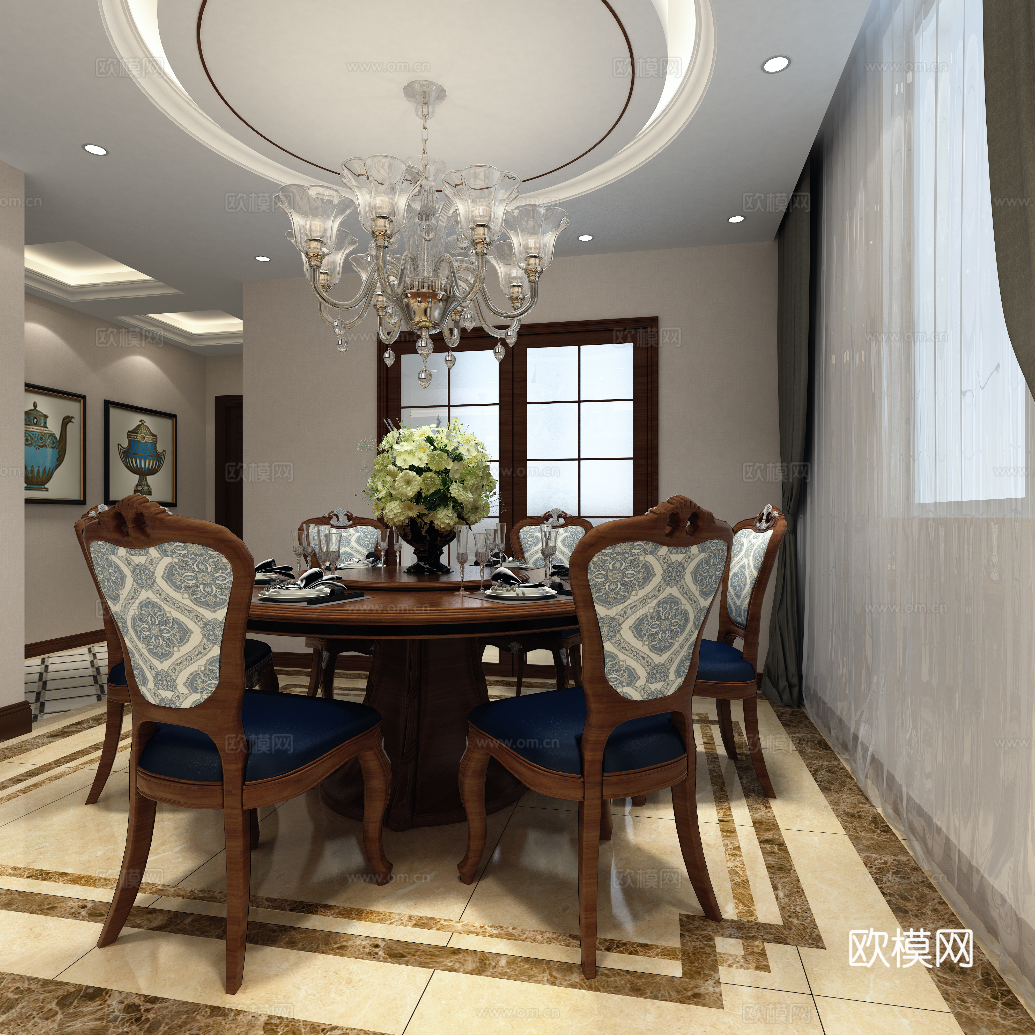 欧式简约客餐厅 沙发茶几组合 电视柜 装饰画 餐桌椅 吊灯3d模型