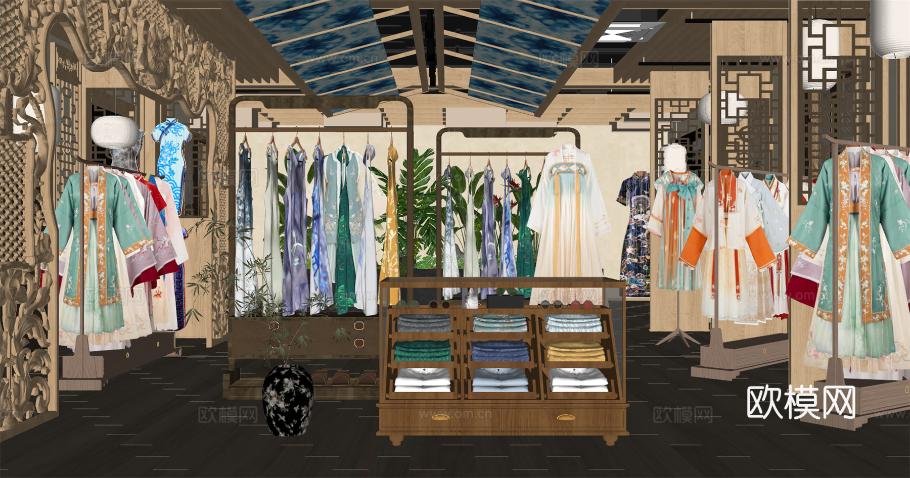 中式衣服汉服展厅su模型