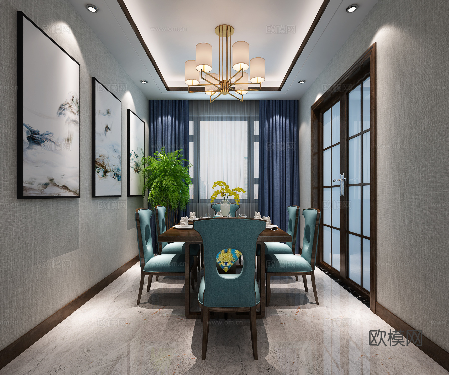 新中式客厅餐厅模型 客餐厅 沙发茶几 餐桌椅 客厅 吊灯3d模型