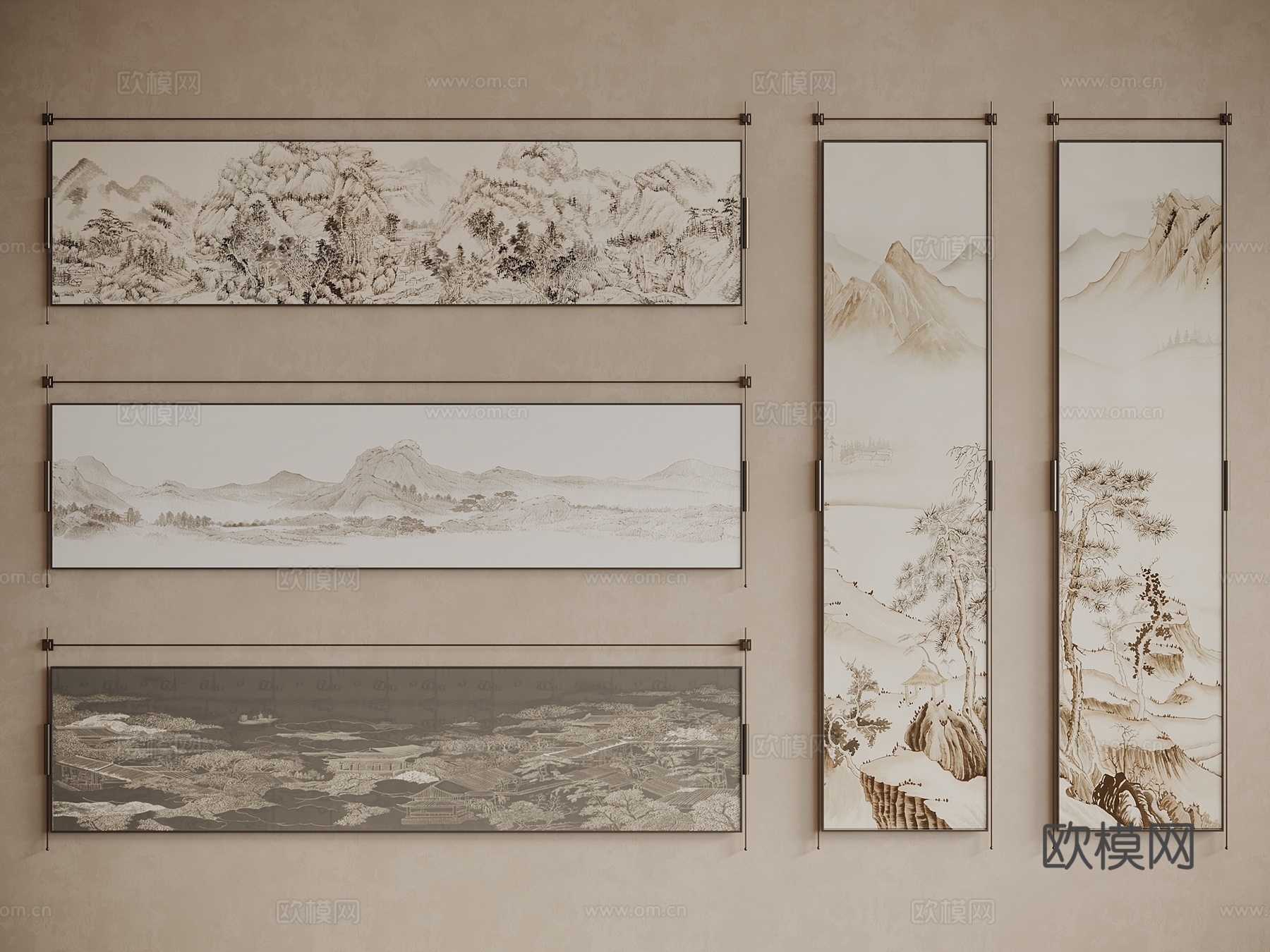 中古 新中式 挂画 画框 书房挂画 茶室挂画 客厅挂画su模型