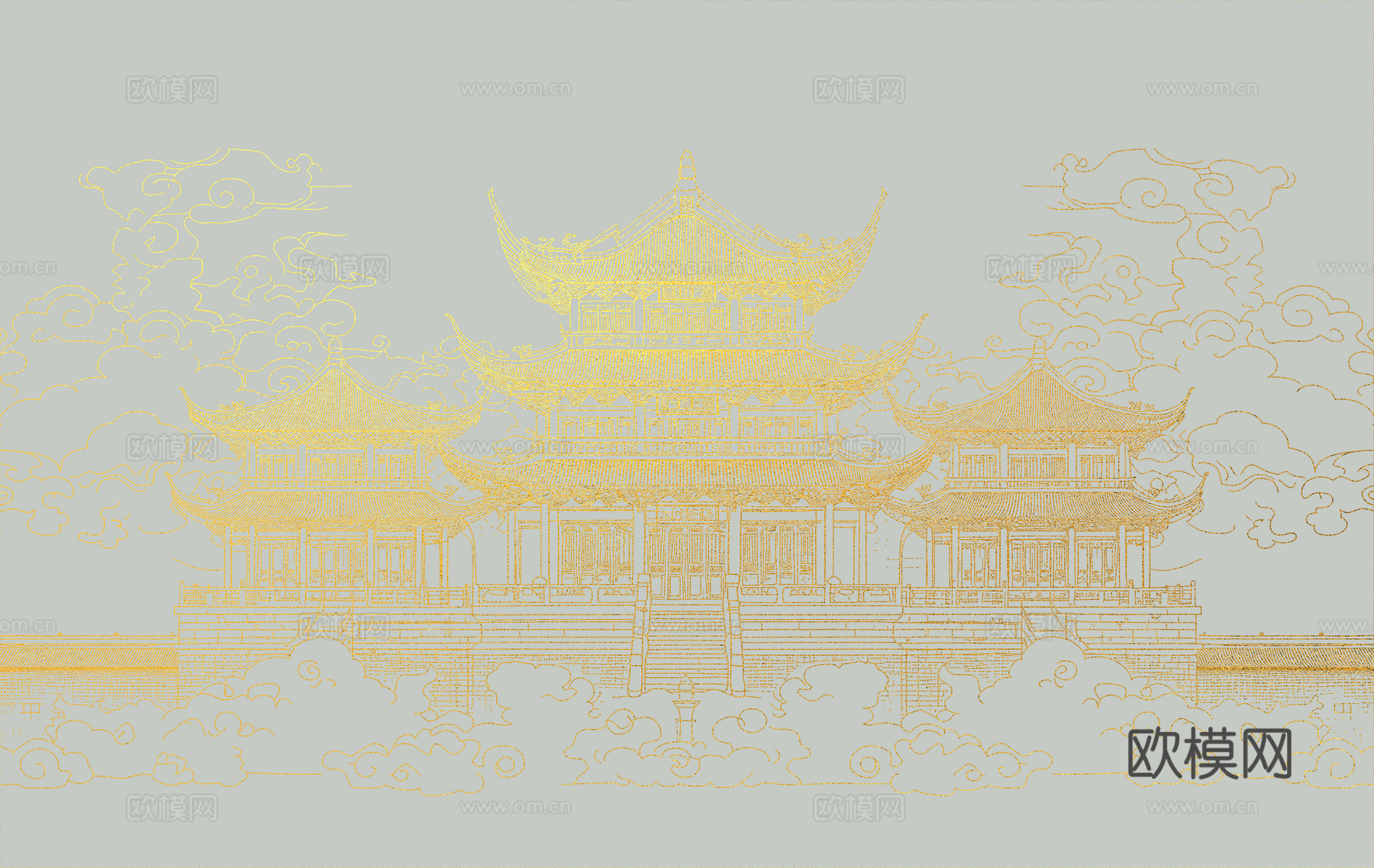 新中式亭台楼阁中式建筑线条肌理工装背景墙下载（渲染图6）