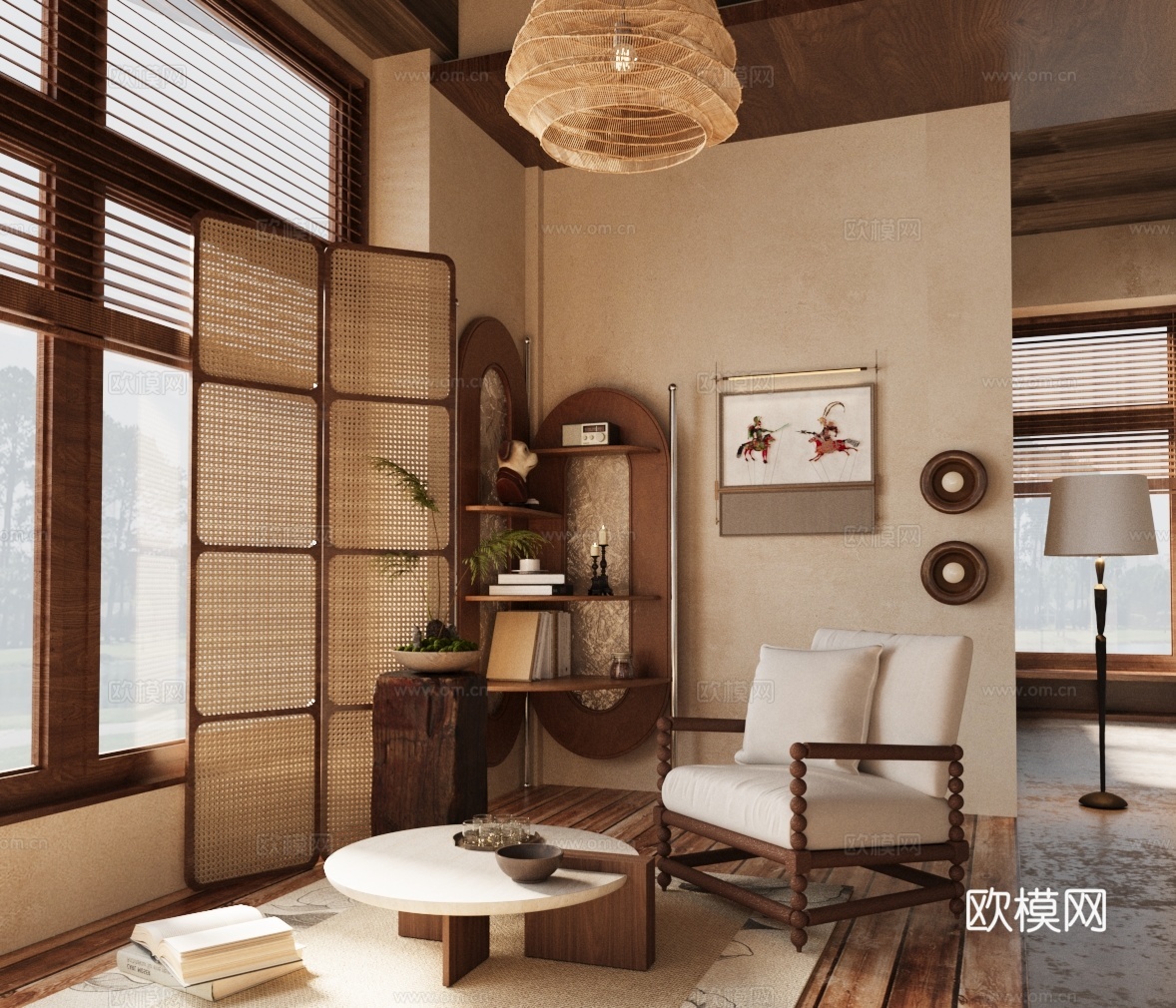 侘寂休闲椅 转角书柜 吊灯 单人沙发 中古屏风3d模型