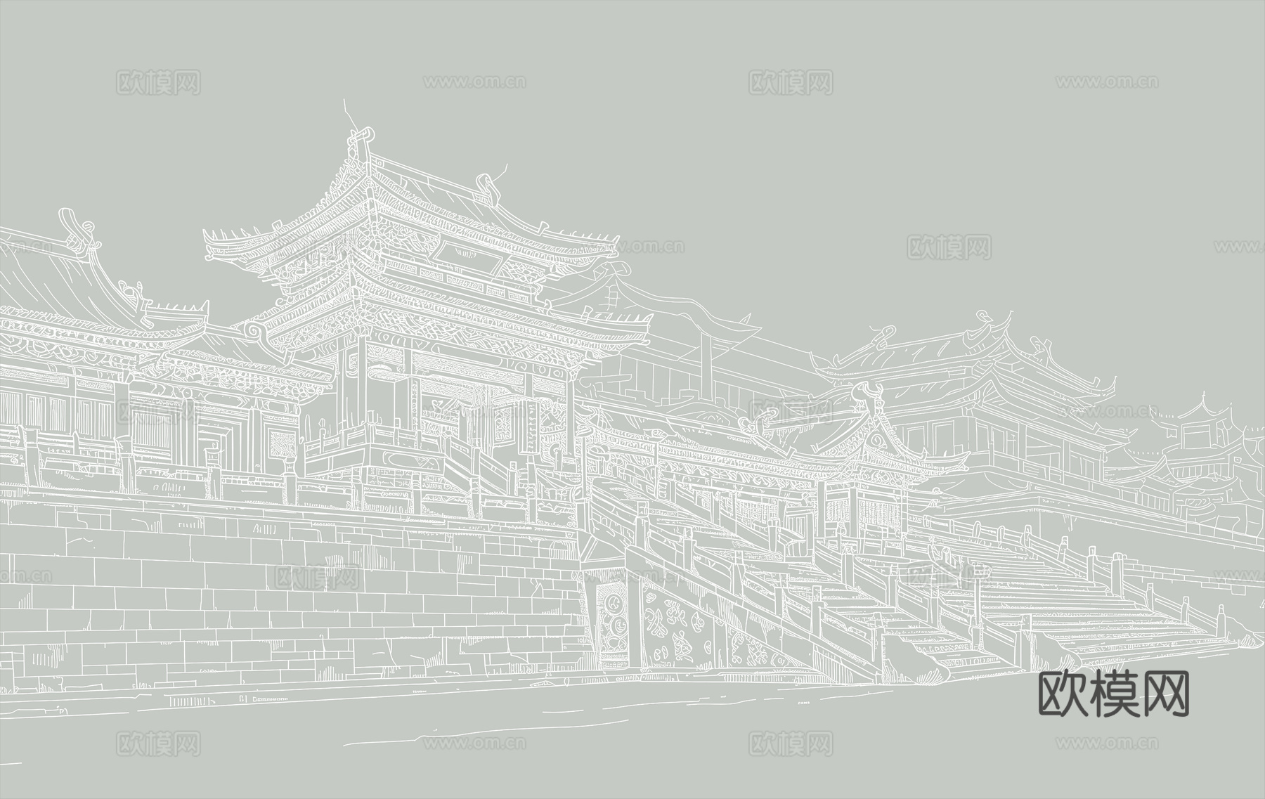 新中式亭台楼阁中式建筑线条肌理工装背景墙下载（渲染图2）