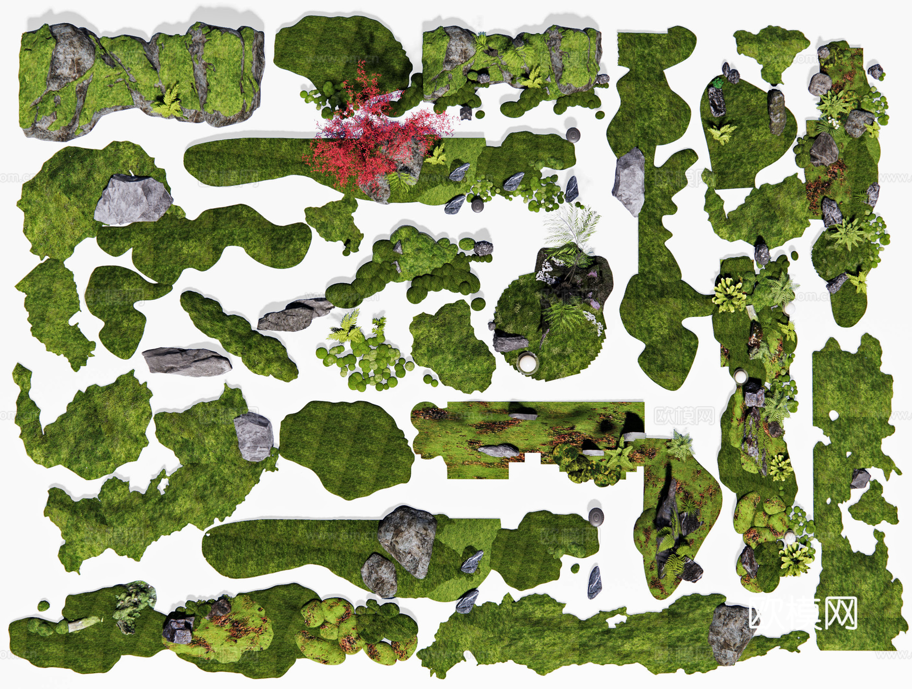 新中式微地形 枯山水 庭院小品 苔藓 景观造景 绿岛坡地3d模型