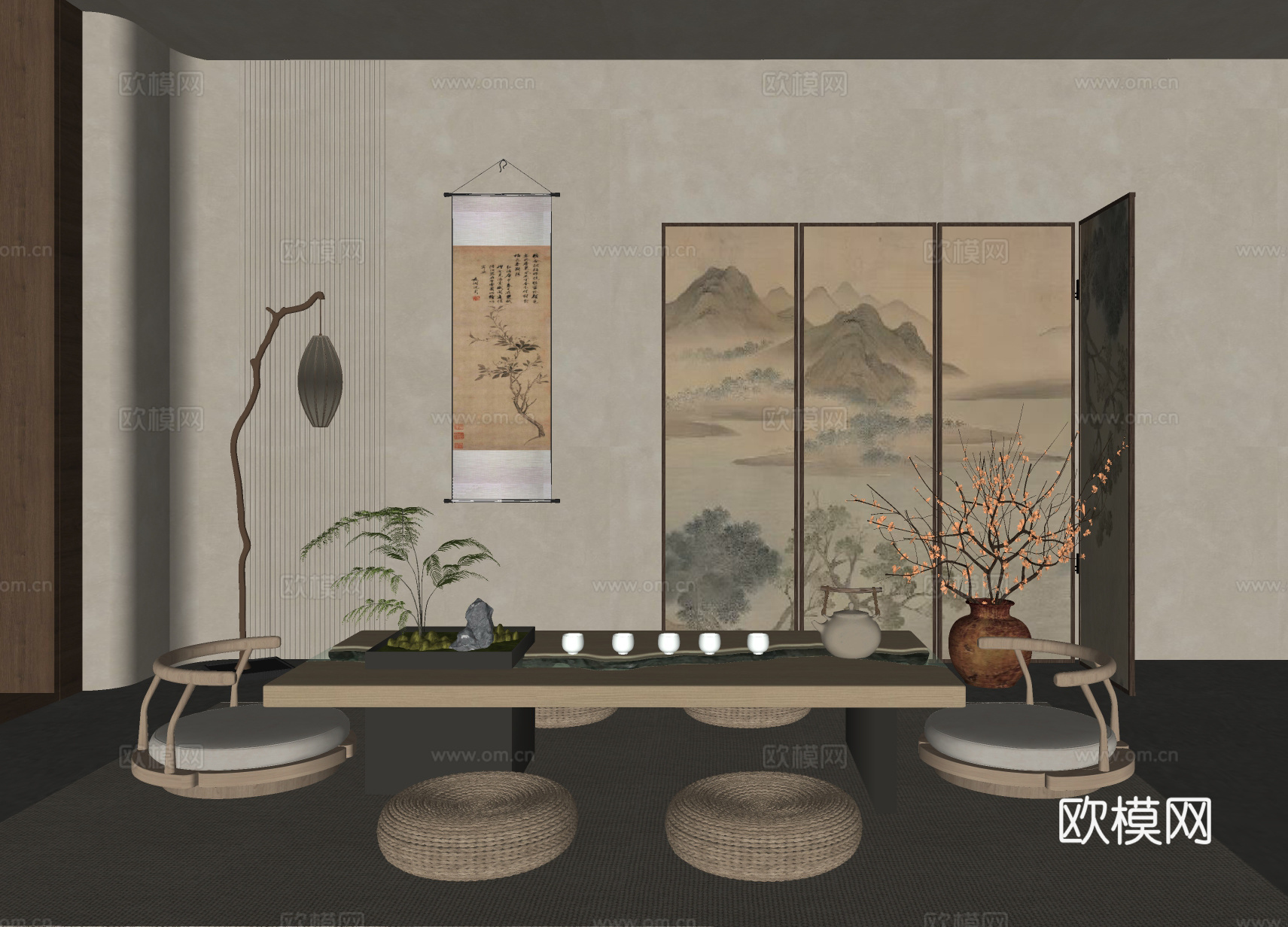新中式茶室 榻榻米茶室 茶桌椅组合 中式屏风su模型