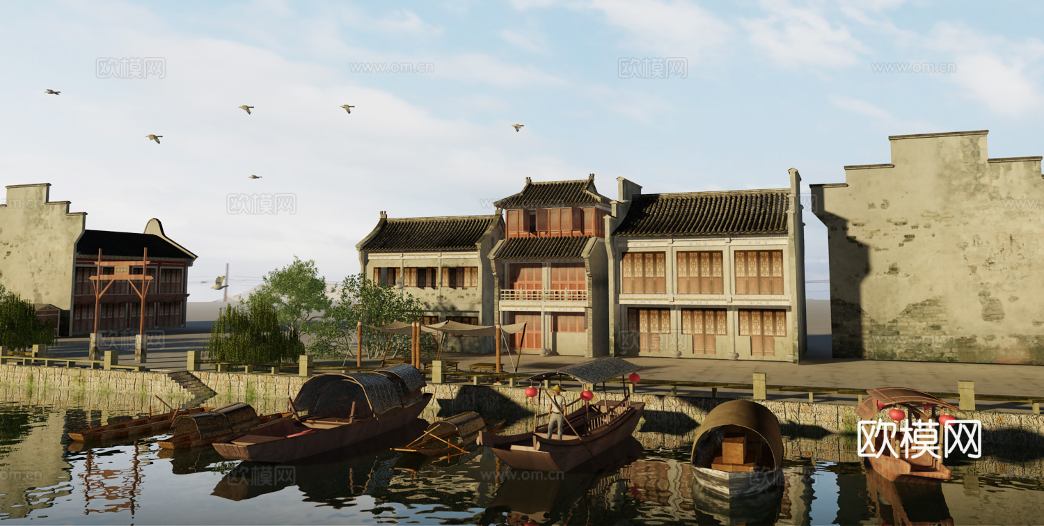 中式古建木船景观3d模型