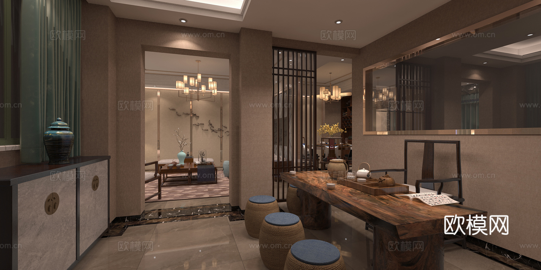 新中式东方韵意客餐厅 沙发茶几 吊灯 茶桌椅 餐桌椅3d模型