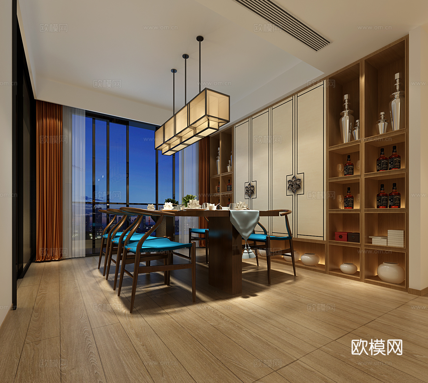 新中式餐厅 吊灯 餐桌椅组合3d模型