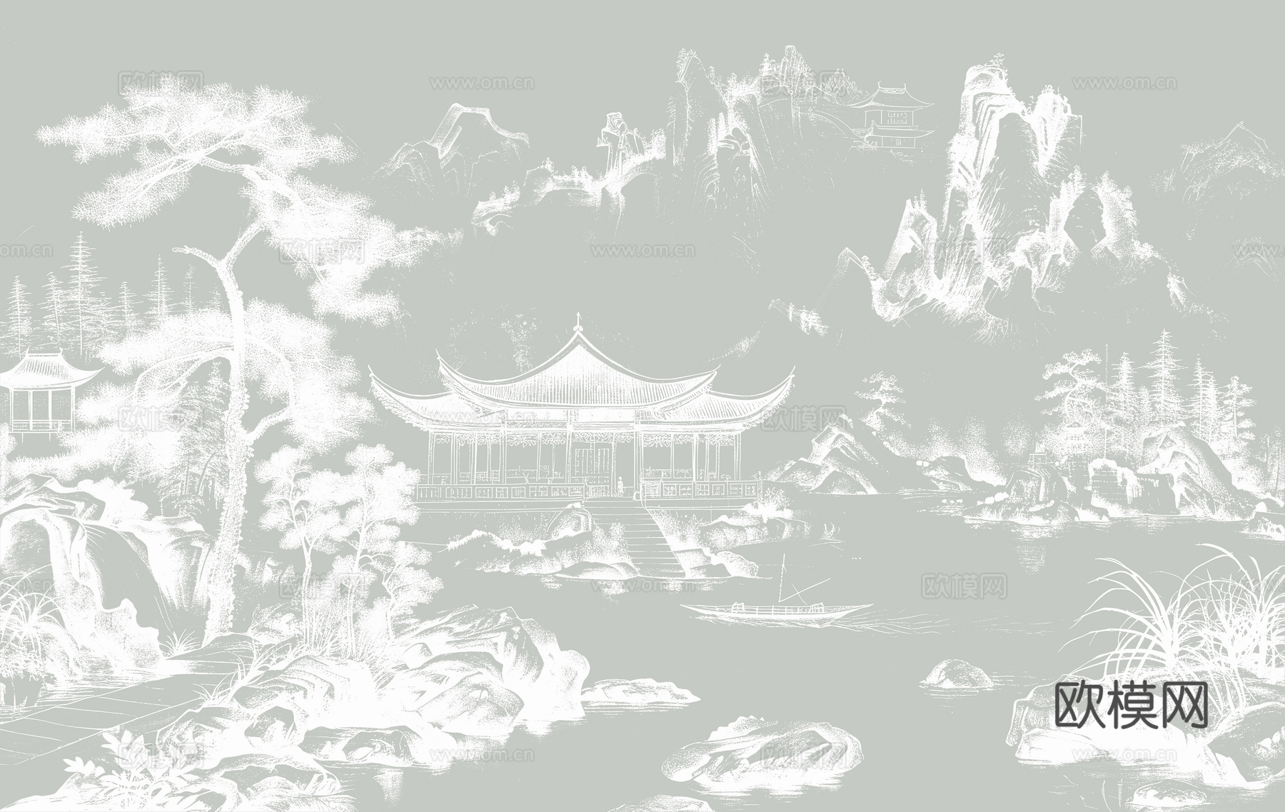新中式亭台楼阁中式建筑线条肌理工装背景墙下载（渲染图7）