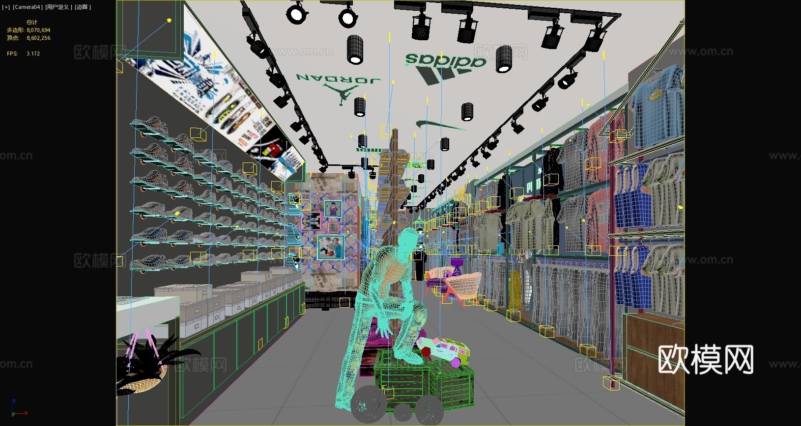现代运动服装店运动鞋衣服短袖潮牌轨道灯篮球服3d模型