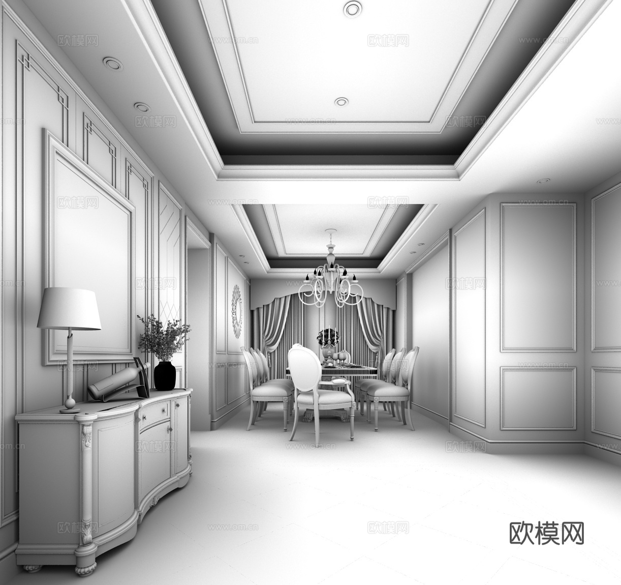 欧式简约餐厅 餐桌椅组合  吊灯3d模型