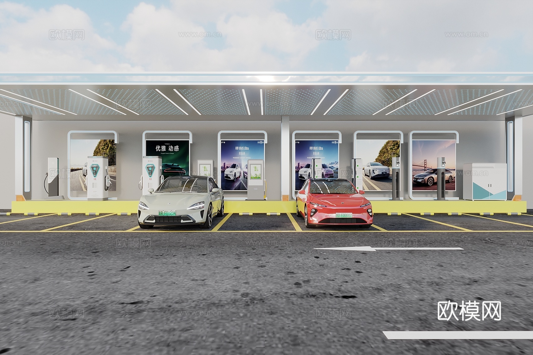 充电站 新能源汽车充电站 汽车 充电桩 快充站 室外停车场3d模型