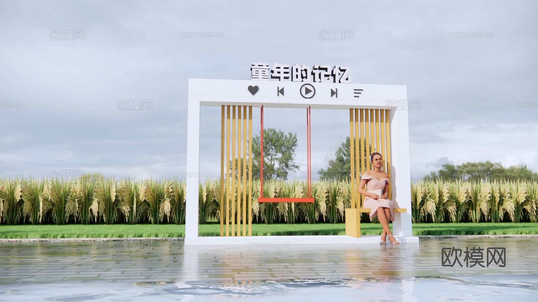 现代框景秋千景观 音乐播放框景 户外打卡美陈 美丽乡村景墙su模型
