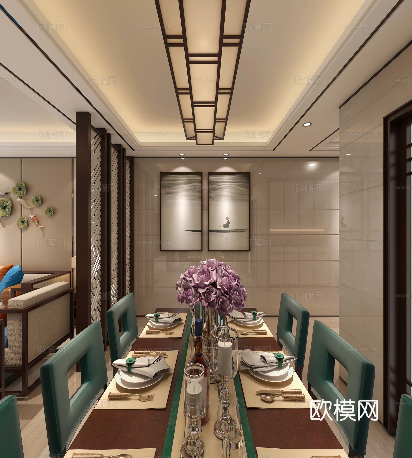 新中式客厅餐厅 挂画 屏风 吊灯 餐桌椅 沙发茶几3d模型