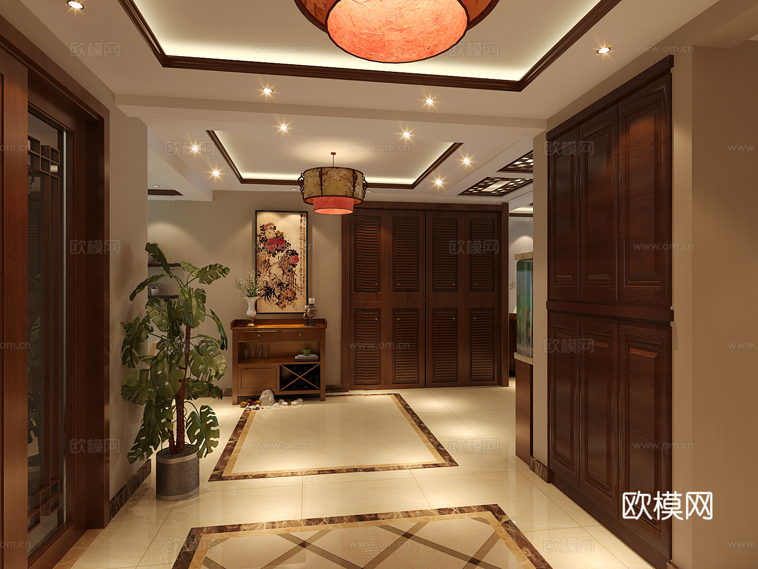 新中式客餐厅吊灯 台灯 多人沙发 单人沙发 茶几 装饰柜3d模型