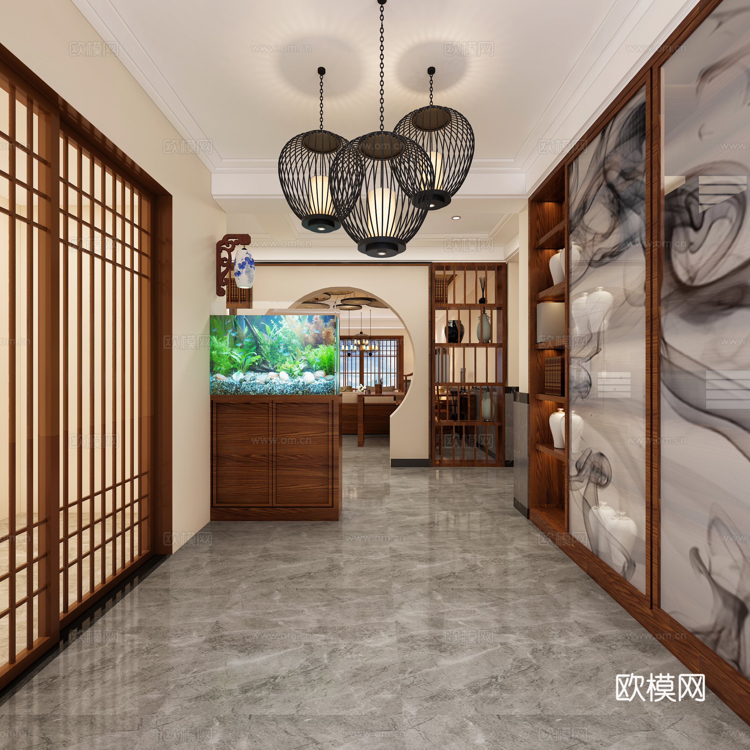 新中式客餐厅 沙发组合 灯具 原创置物架3d模型