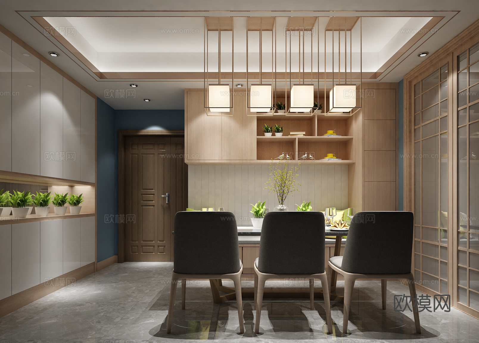 现代简欧餐厅 餐桌椅 吊灯3d模型