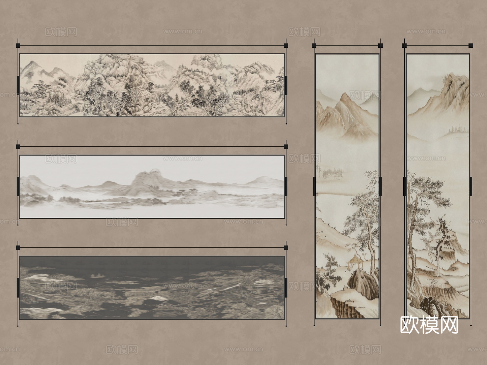 中古 新中式 挂画 画框 书房挂画 茶室挂画 客厅挂画su模型