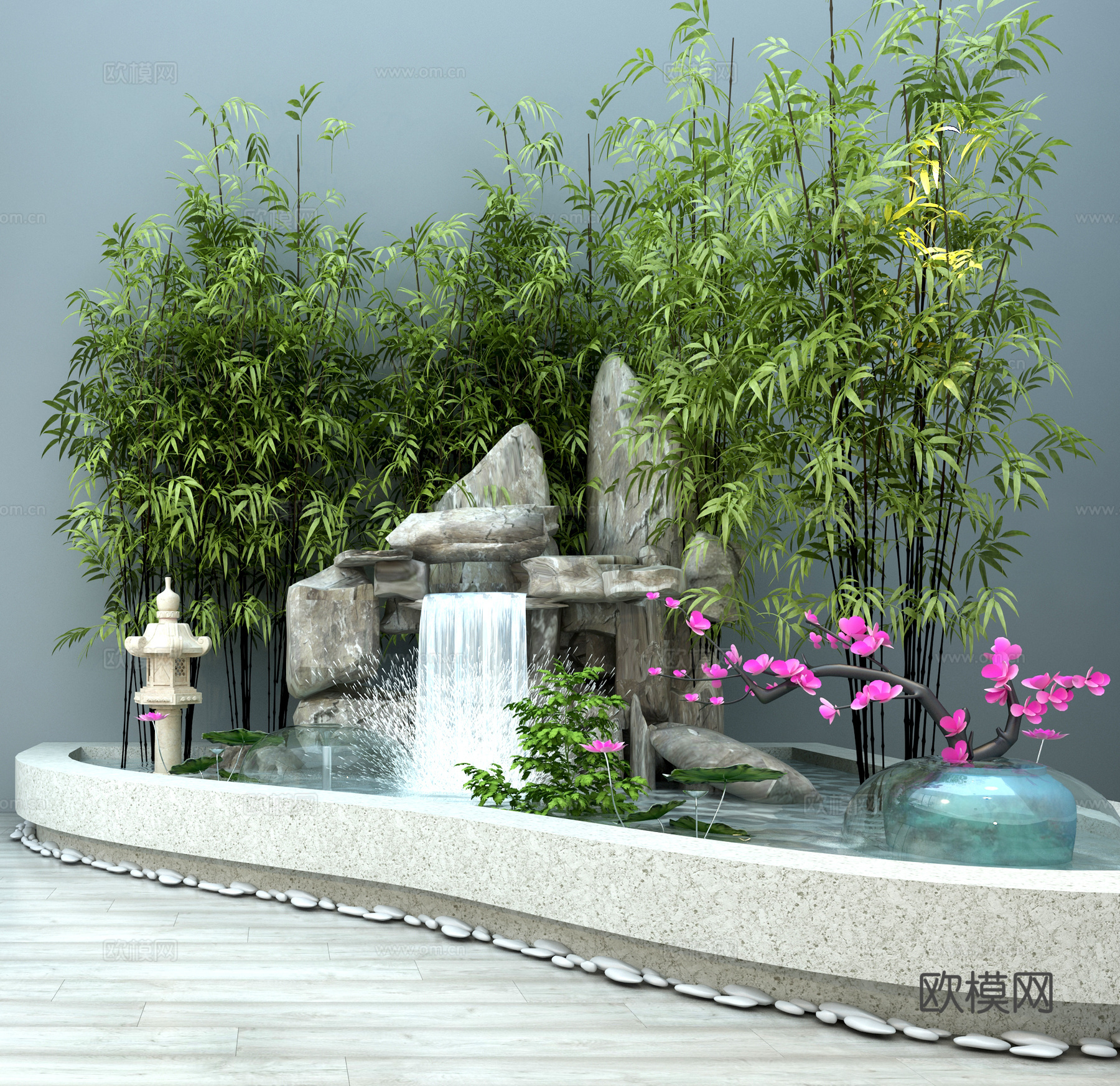 新中式园林小品 景观园林 竹子 假山 喷泉 地灯 池塘3d模型