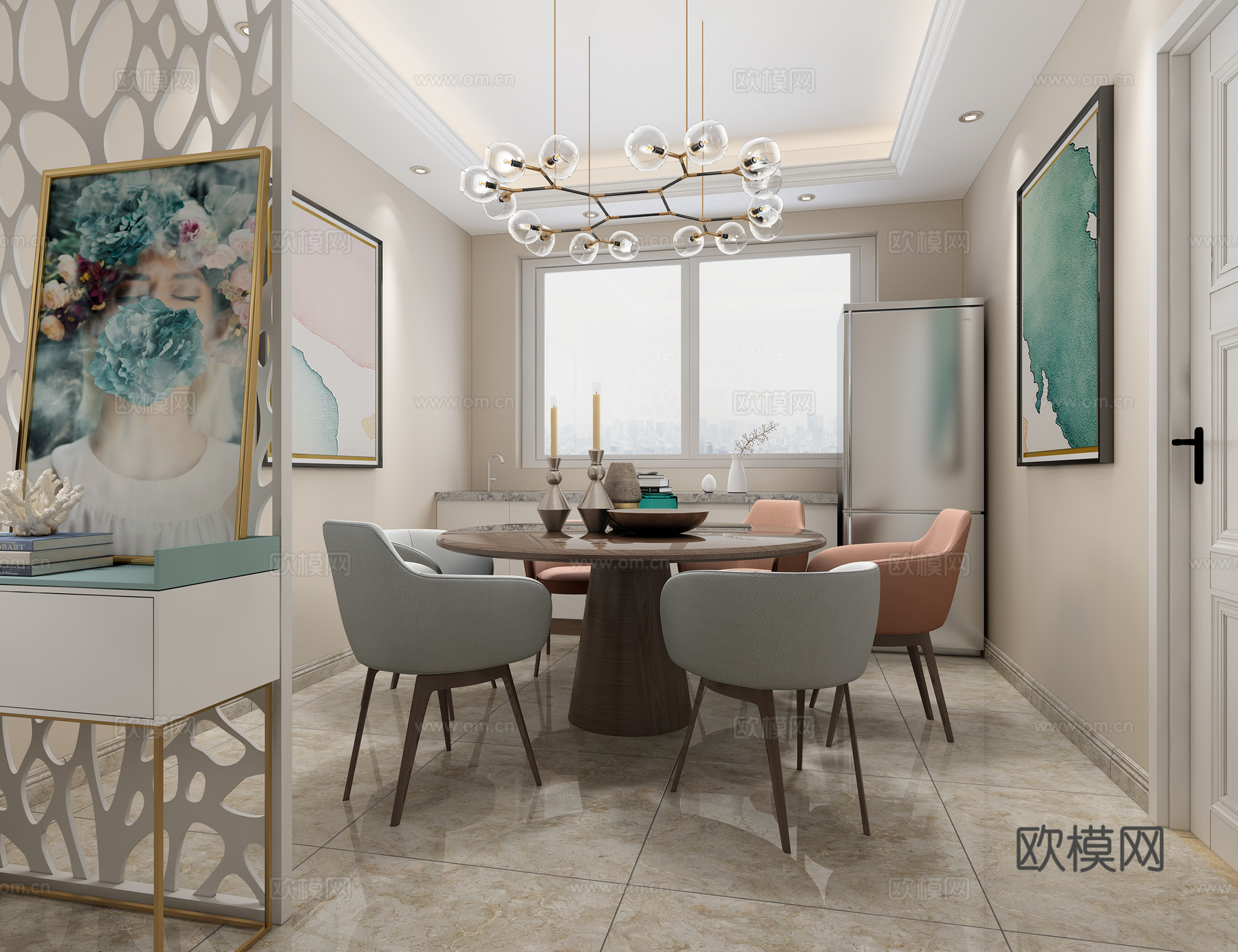 现代北欧客餐厅 餐桌椅 吊灯 挂画 电视柜3d模型