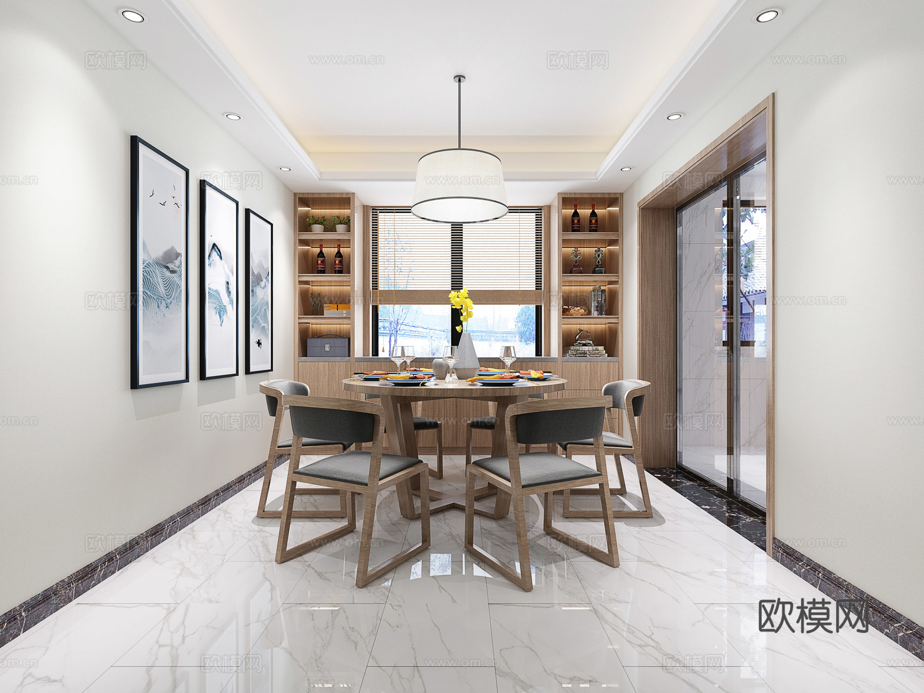 新中式餐厅 餐桌椅 酒柜 吊灯 装饰品 摆件3d模型