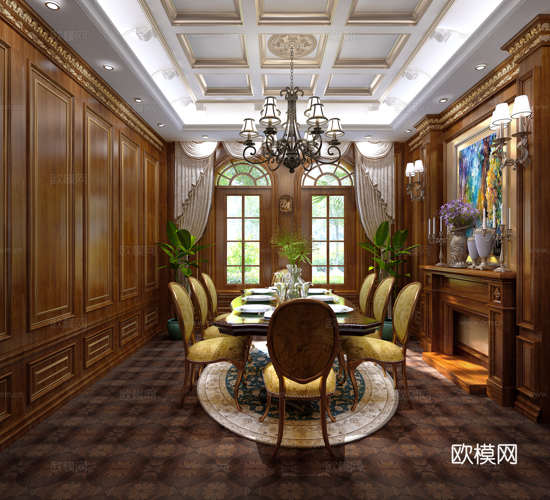 传统美式整木餐厅3d模型