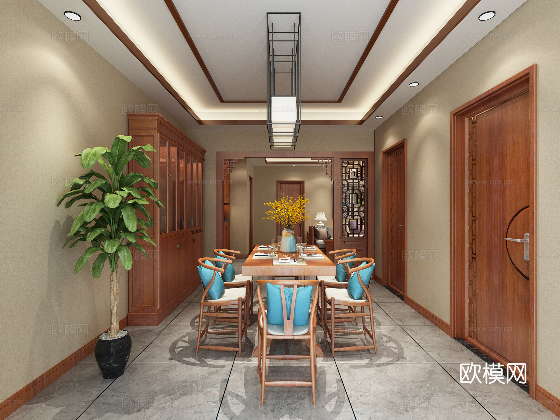 新中式酒柜 餐桌 吊灯 哑口3d模型