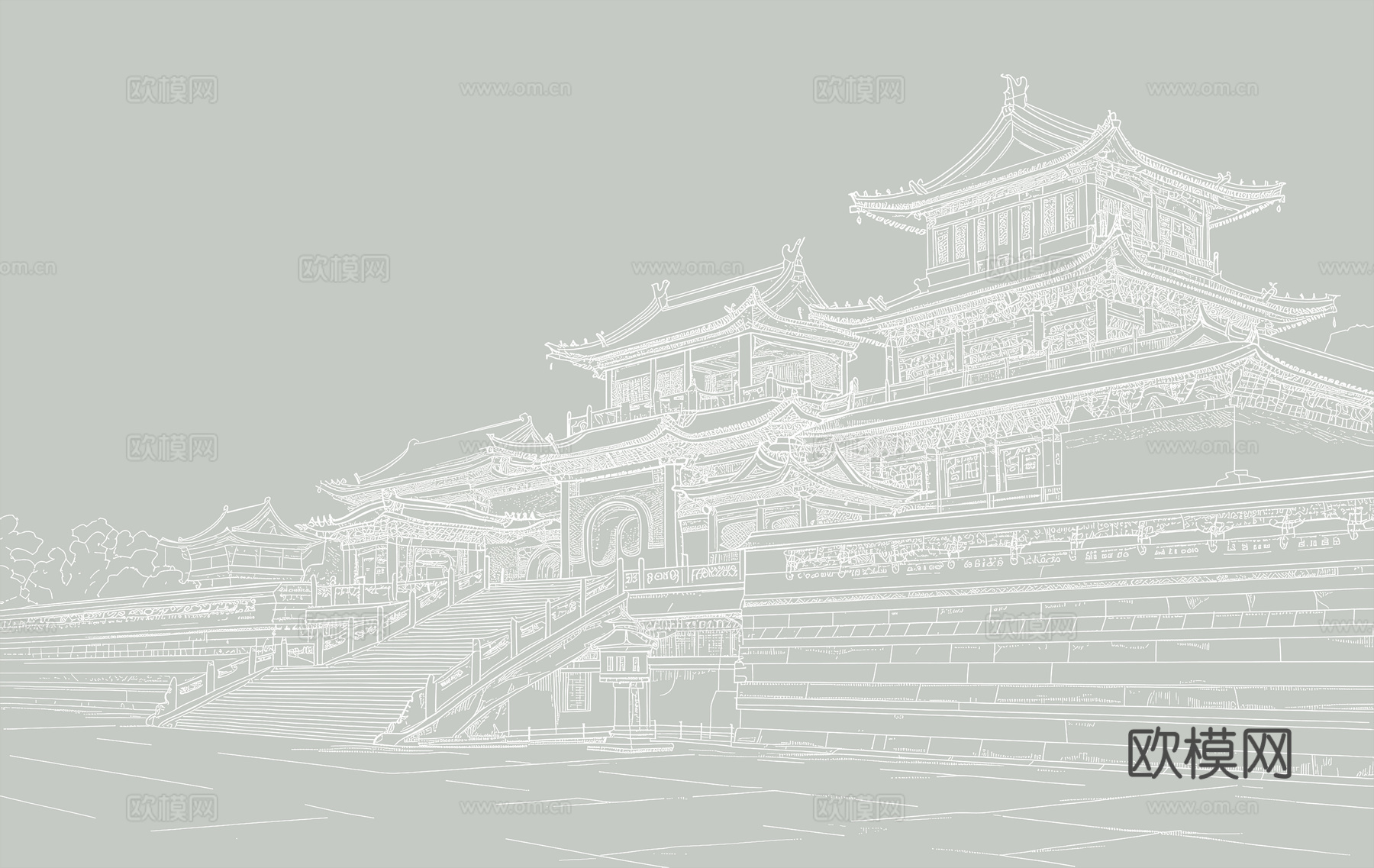 新中式亭台楼阁中式建筑线条肌理工装背景墙下载（渲染图1）