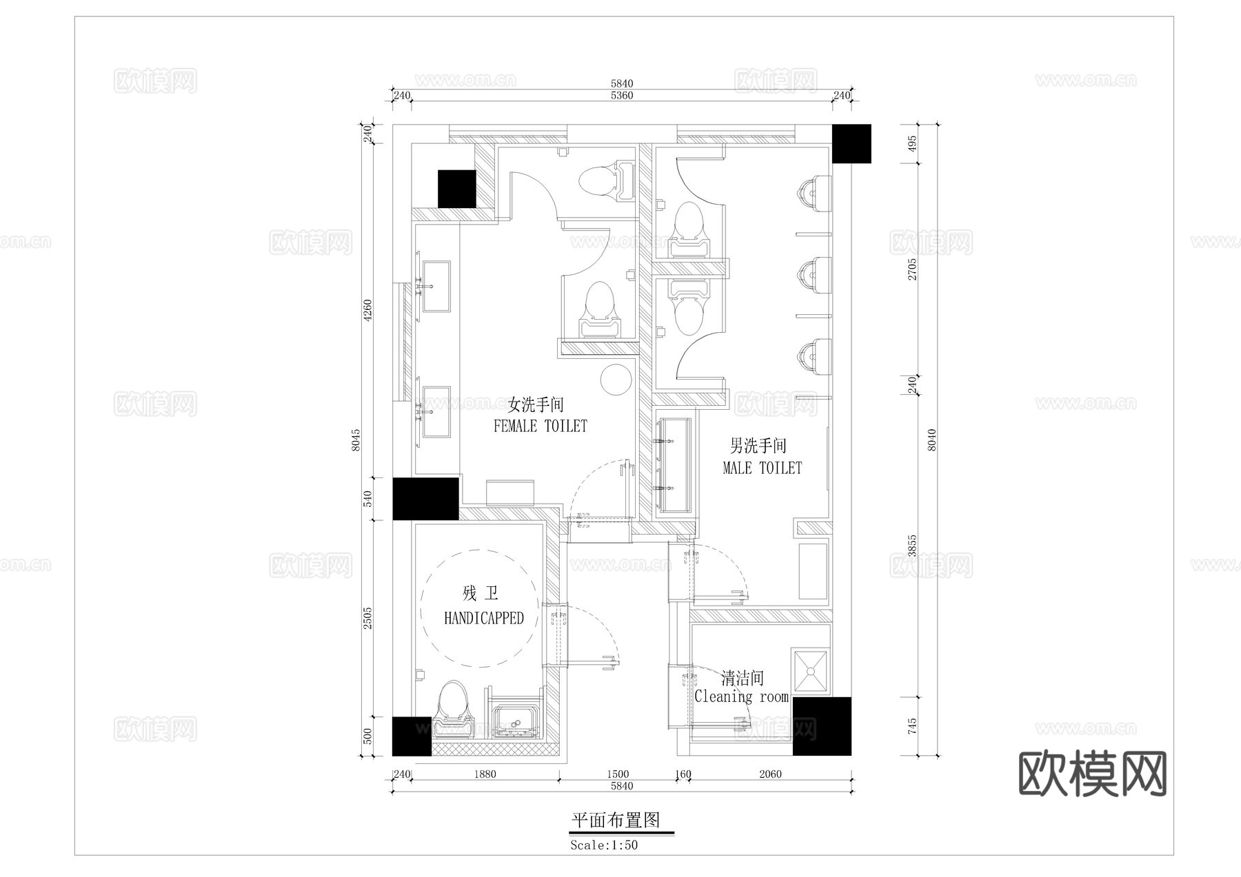 公共卫生间平面图cad施工图