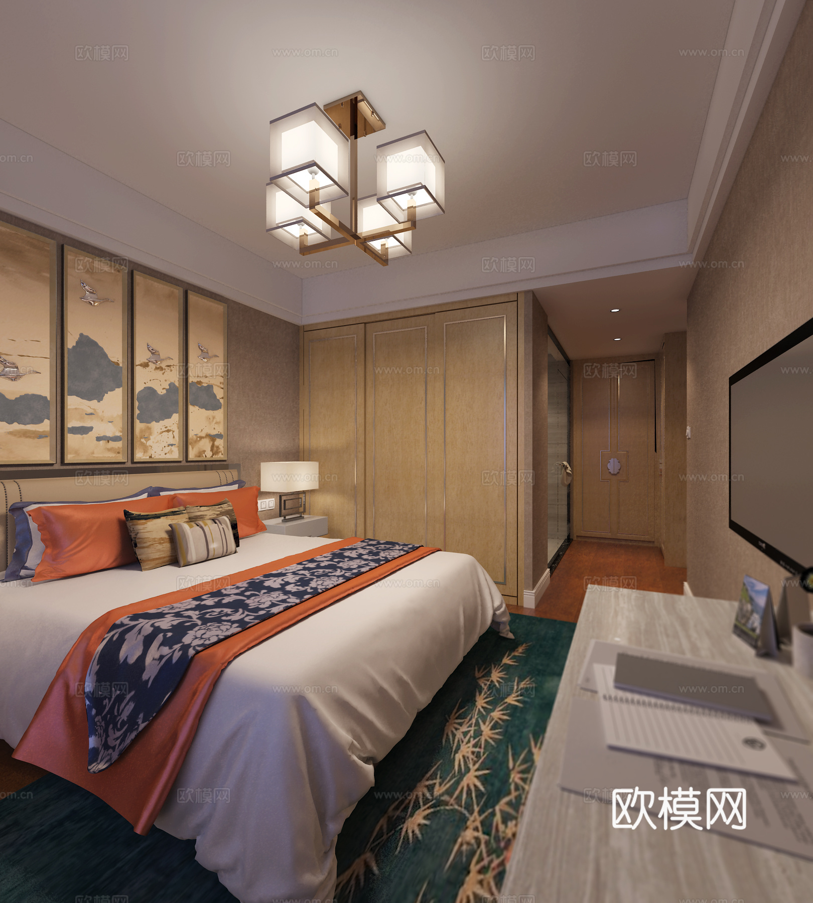 新中式 东方韵意卧室 吊灯 电视柜 床头灯 挂画3d模型