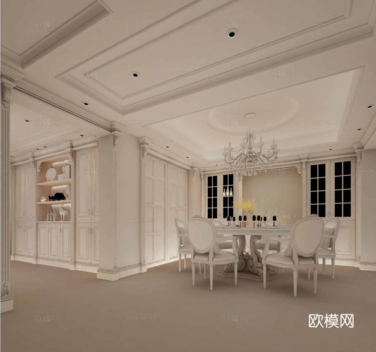 现代简欧餐厅 餐桌椅 吊灯3d模型