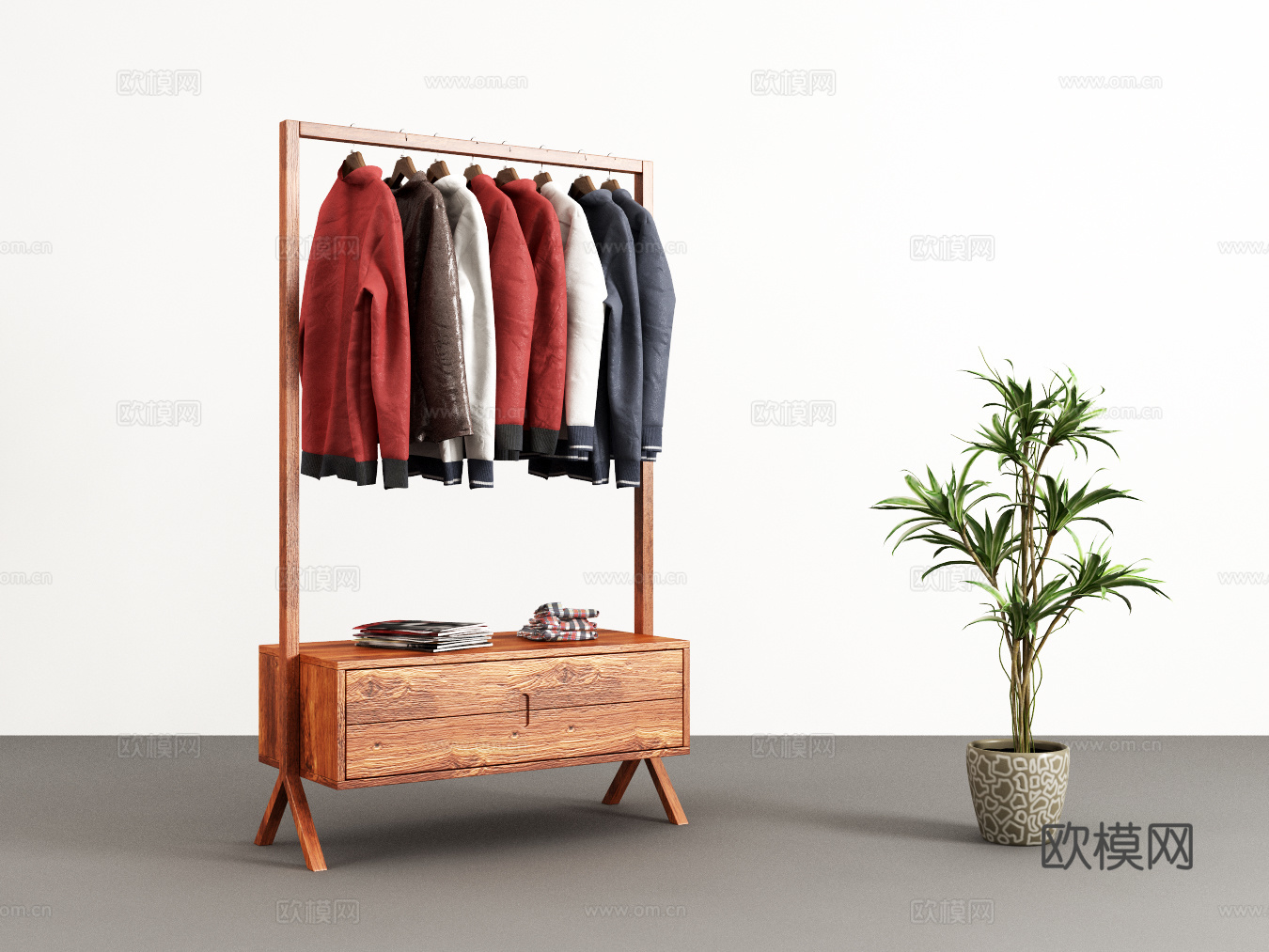 新中式衣架 盆栽 衣服3d模型
