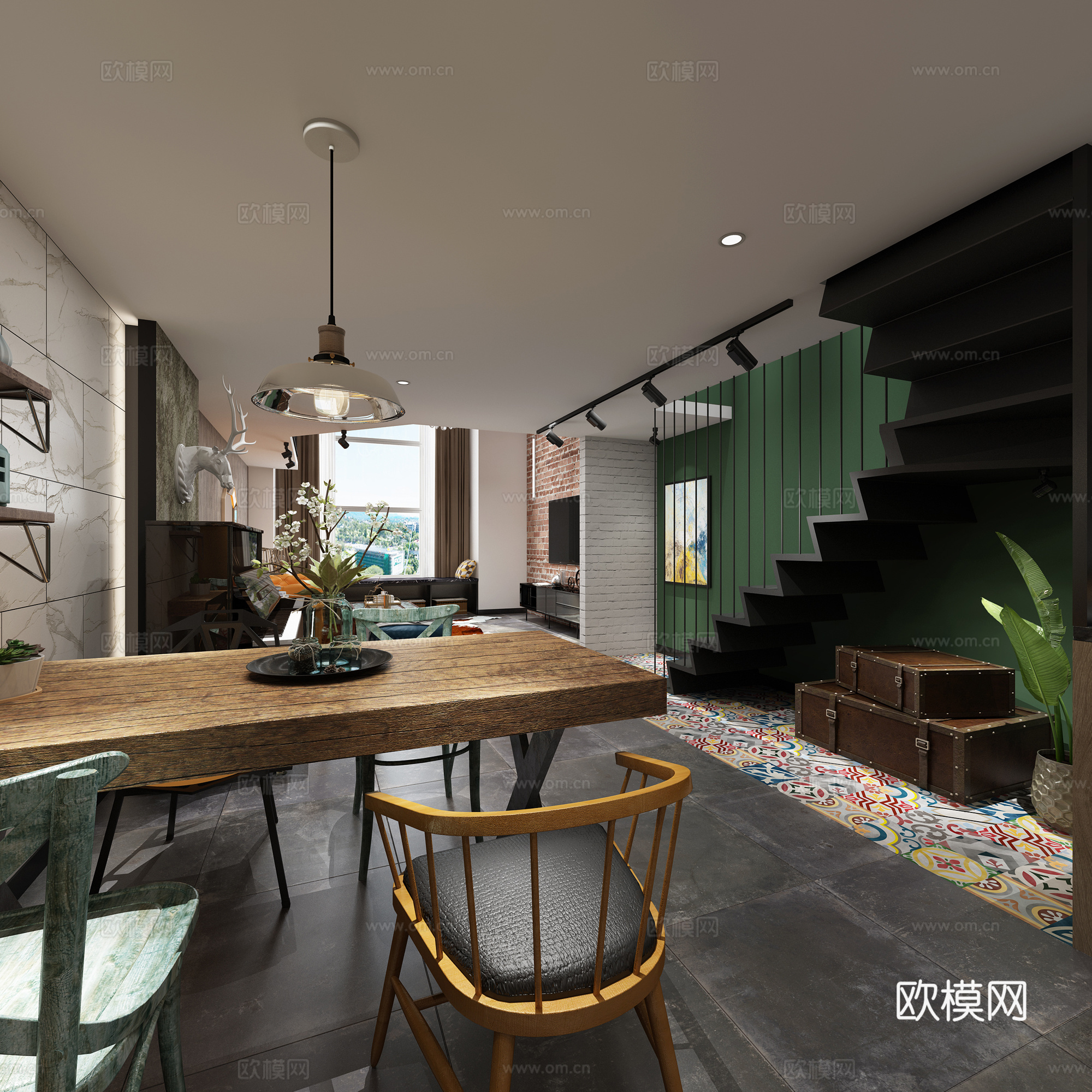 工业风客餐厅 吊灯 台灯 多人沙发 单人沙发 茶几 装饰3d模型
