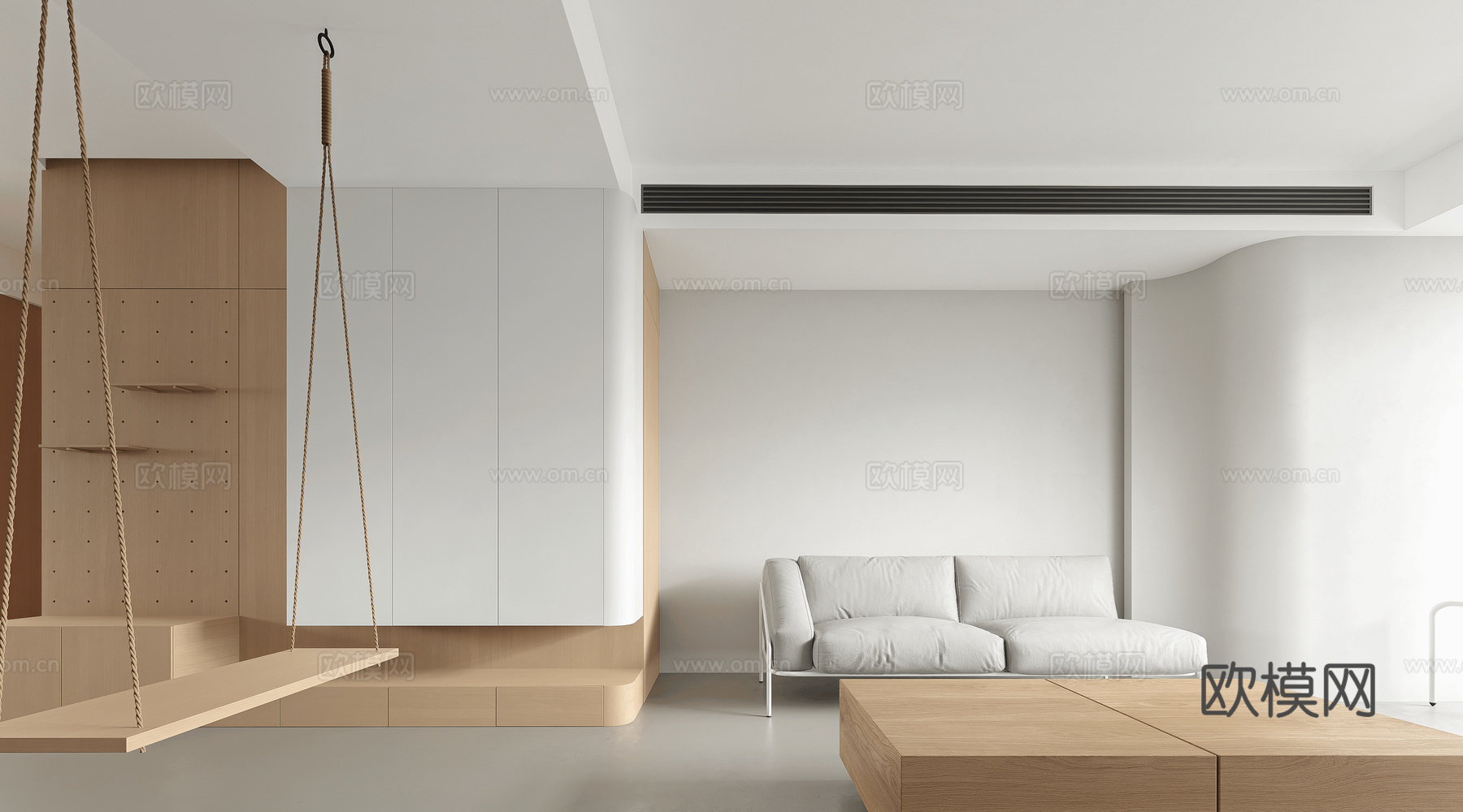 现代极简原木客餐厅 原木茶几 沙发 岛台餐厅3d模型
