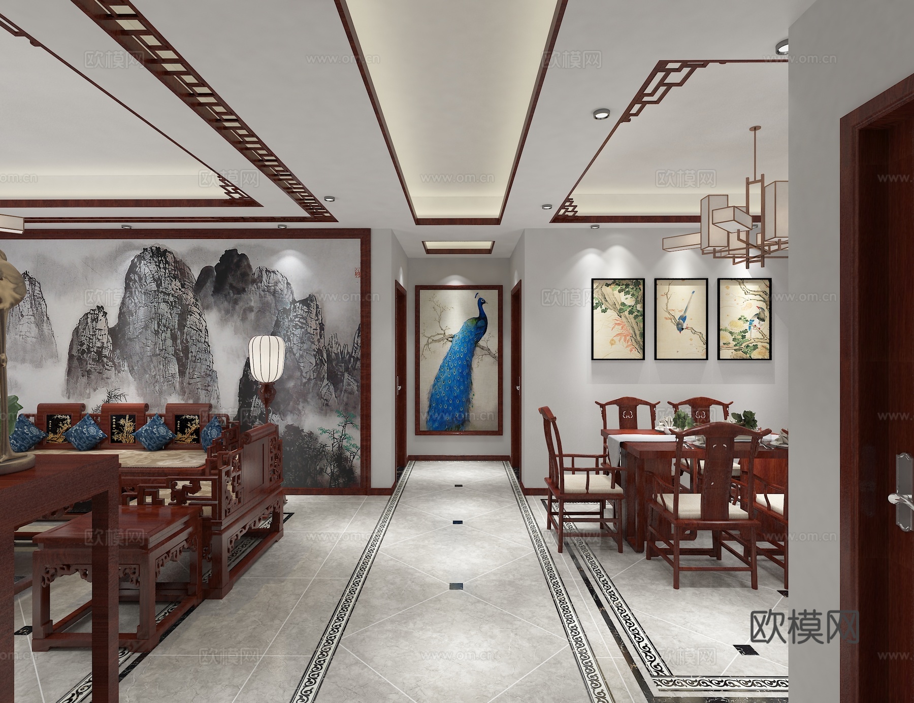 新中式客餐厅 吊灯 电视柜 沙发茶几 餐桌椅3d模型