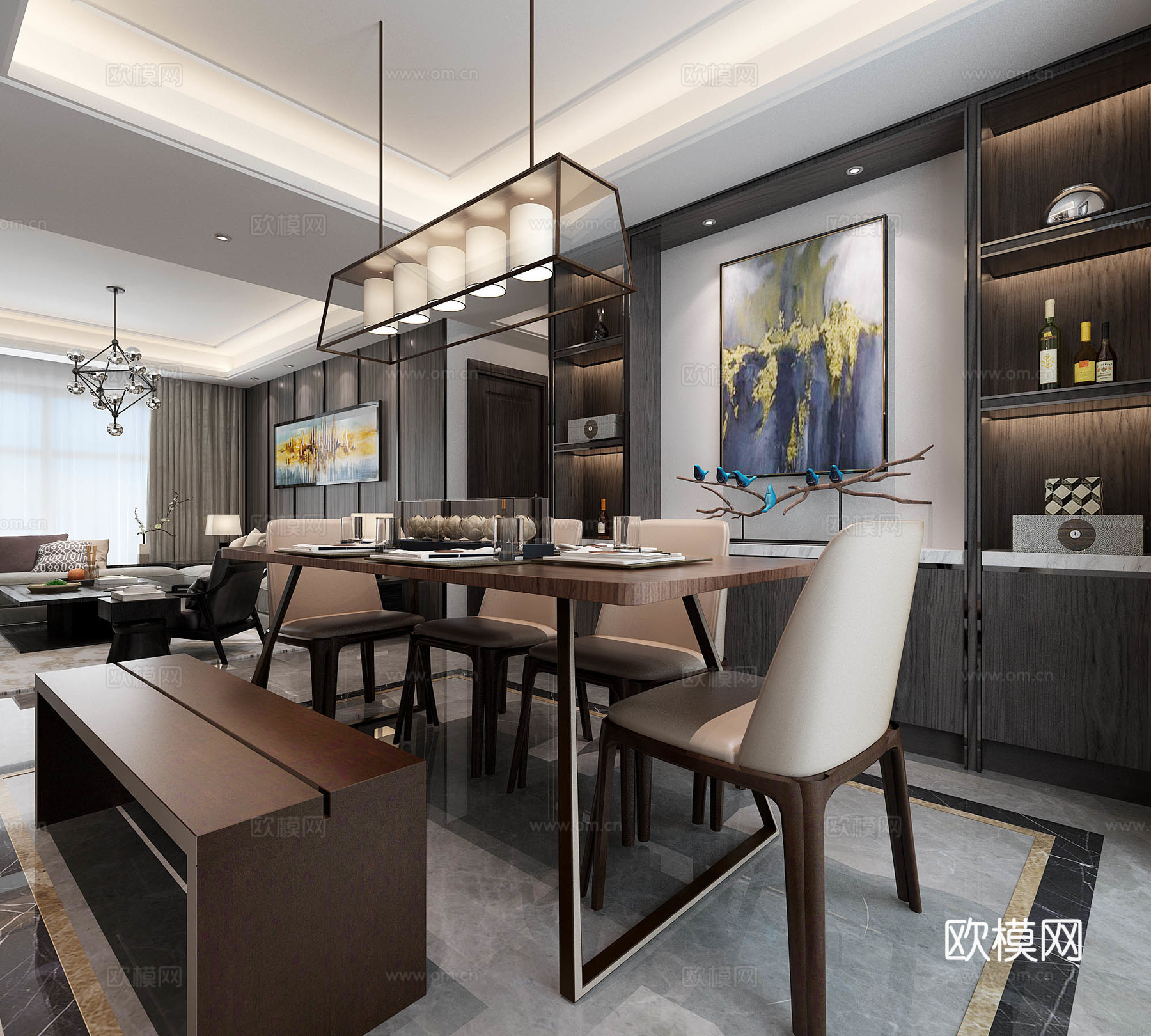 港式客厅餐厅模型 客餐厅 沙发茶几 餐桌椅 客厅 吊灯 挂画3d模型