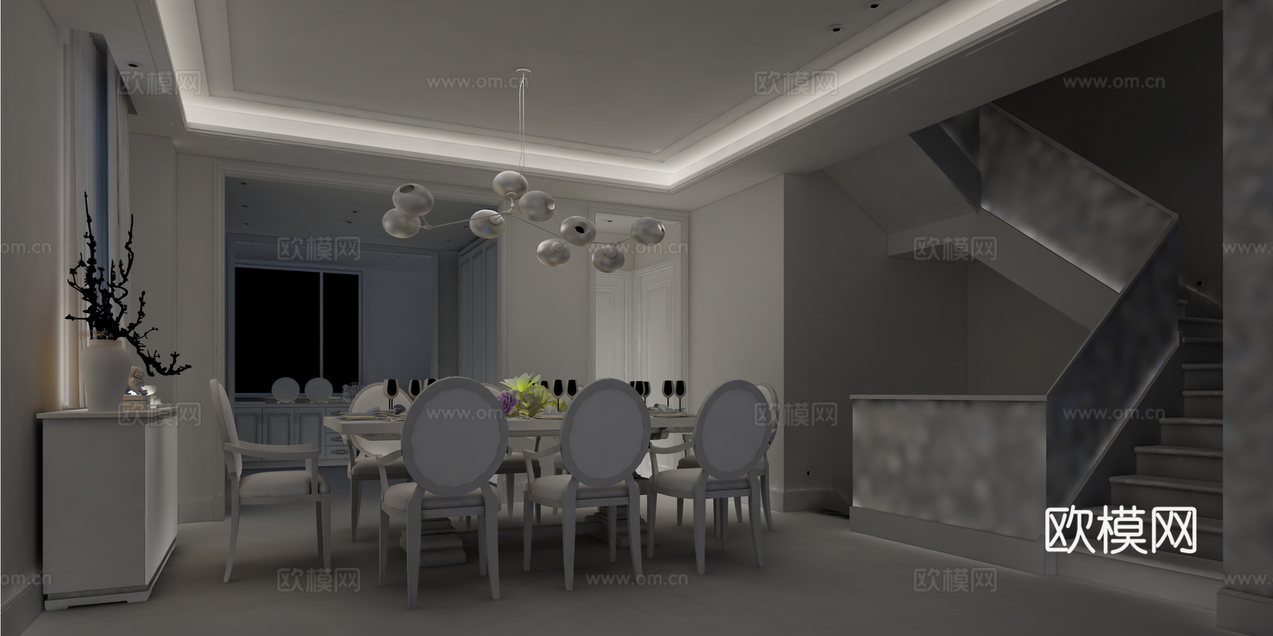 现代餐厅 餐桌椅 吊灯 装饰柜 楼梯3d模型