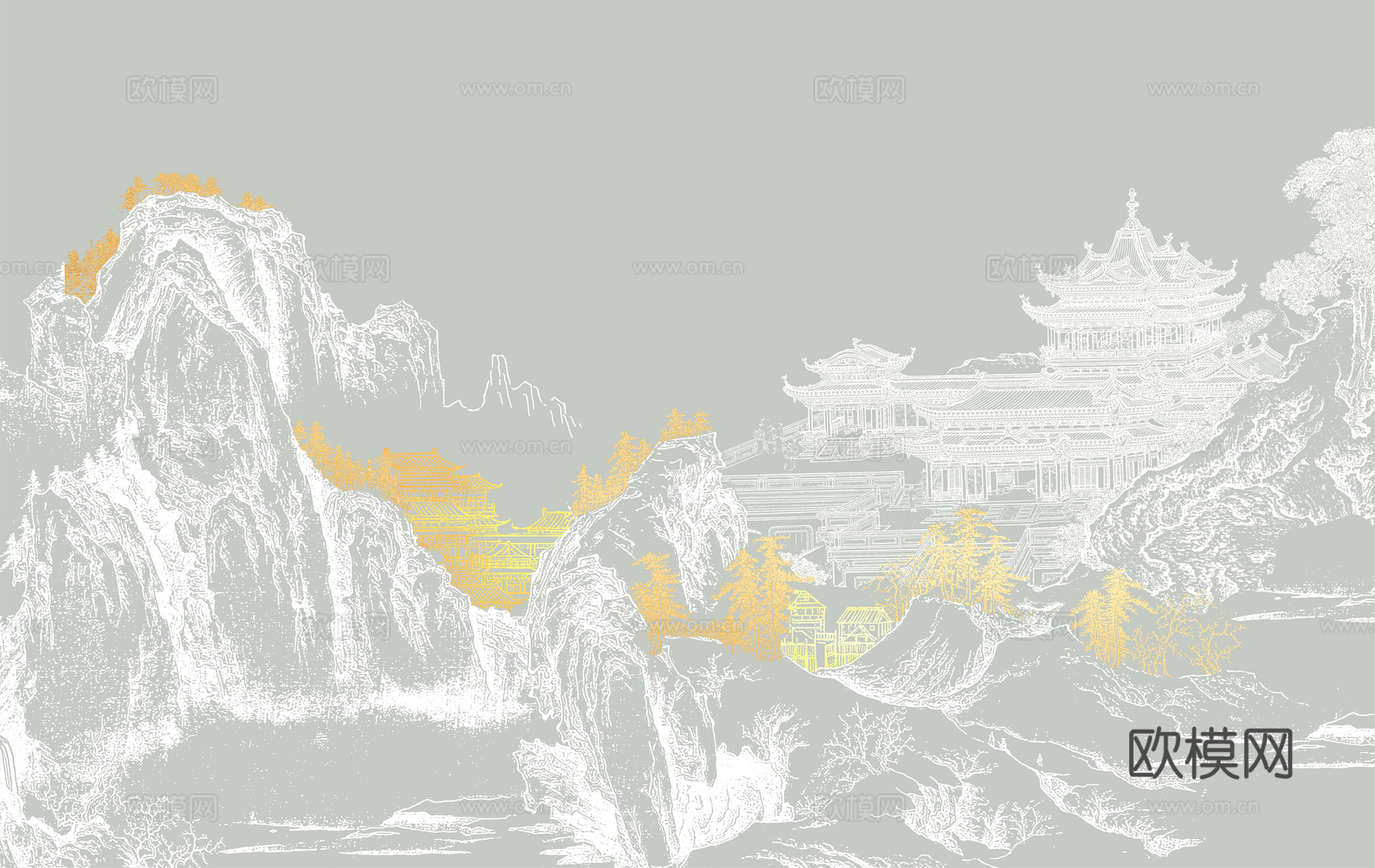 新中式亭台楼阁中式建筑线条肌理工装背景墙下载（渲染图8）