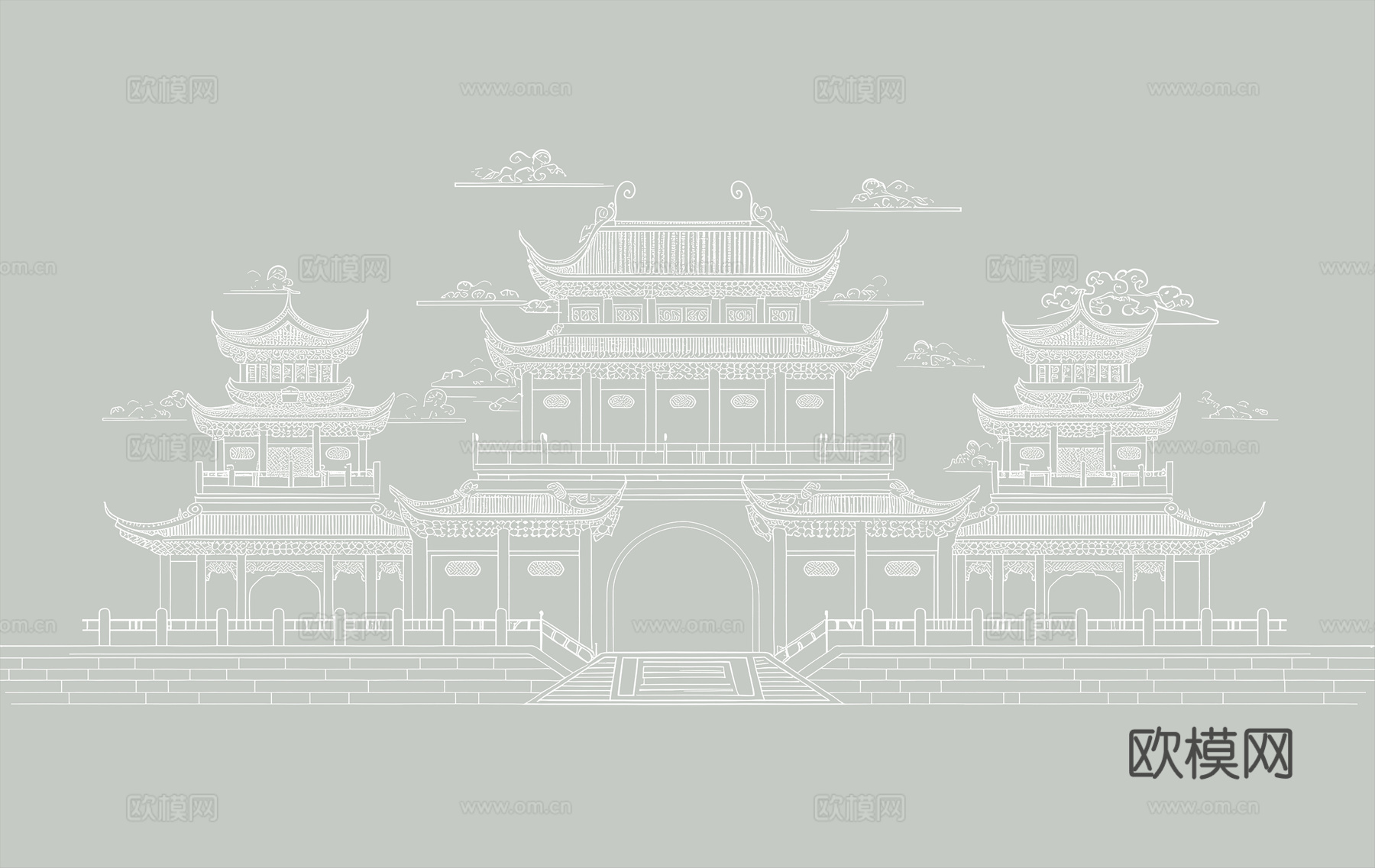 新中式亭台楼阁中式建筑线条肌理工装背景墙下载（渲染图3）