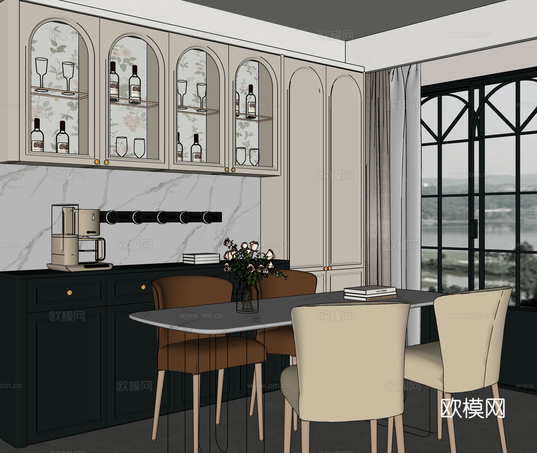 法式奶油风餐厅su模型