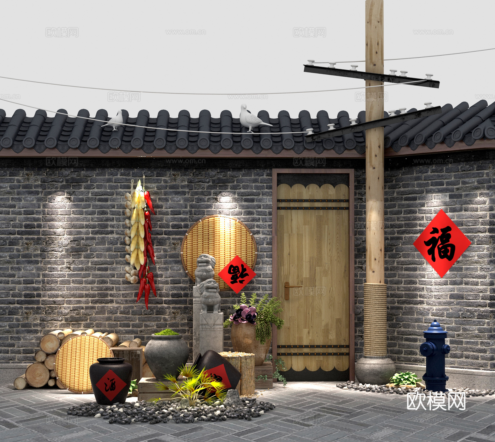 中式陶罐 瓦片背景 瓦片 消防栓 装饰品 摆件 墙饰 木3d模型