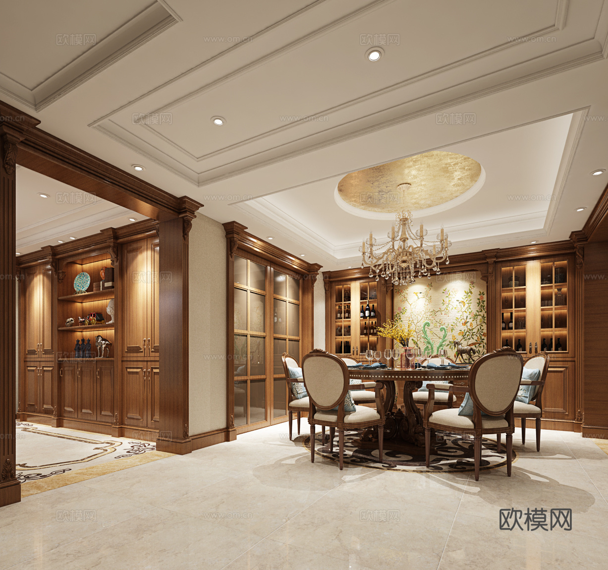 现代简欧餐厅 餐桌椅 吊灯3d模型