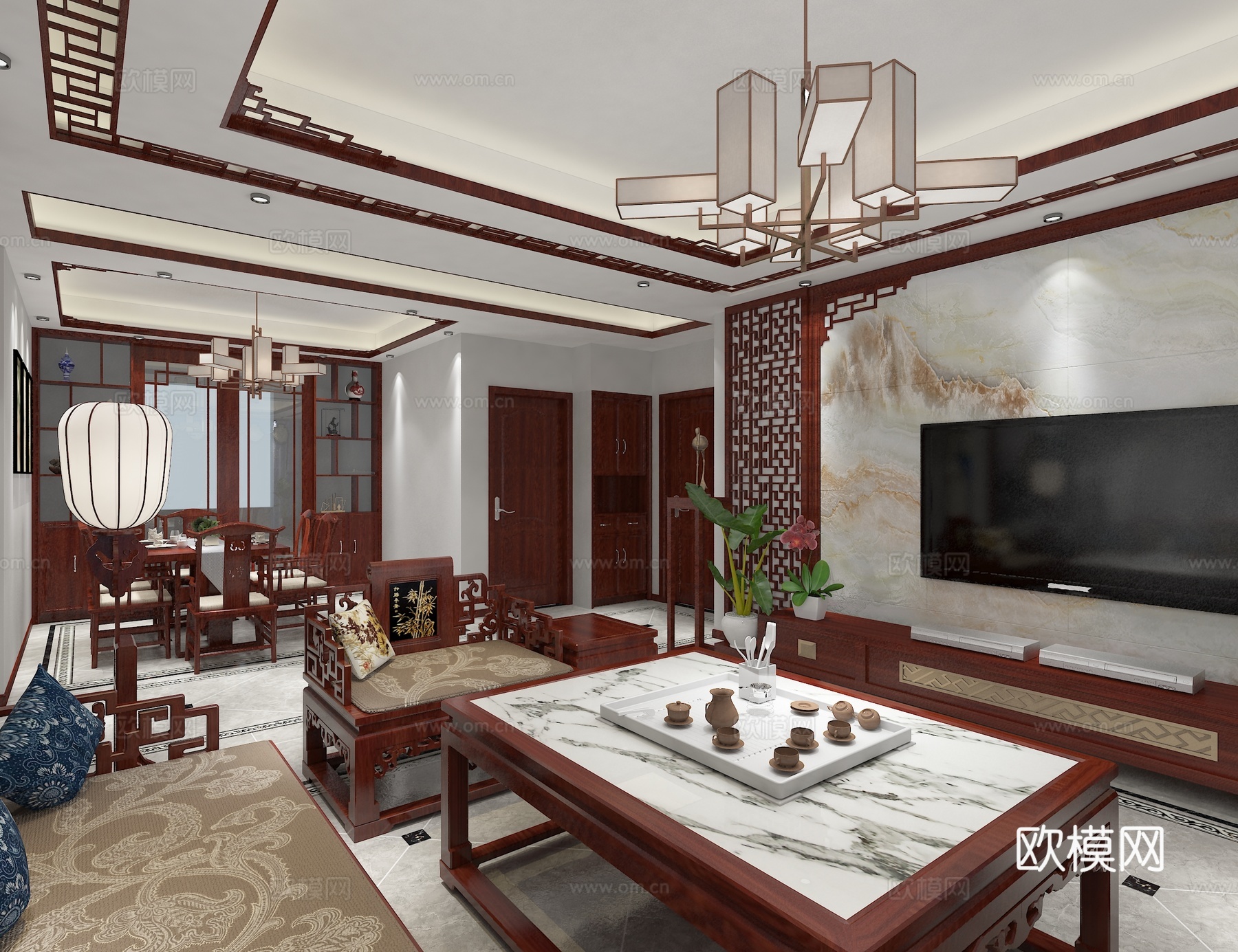 新中式客餐厅 吊灯 电视柜 沙发茶几 餐桌椅3d模型