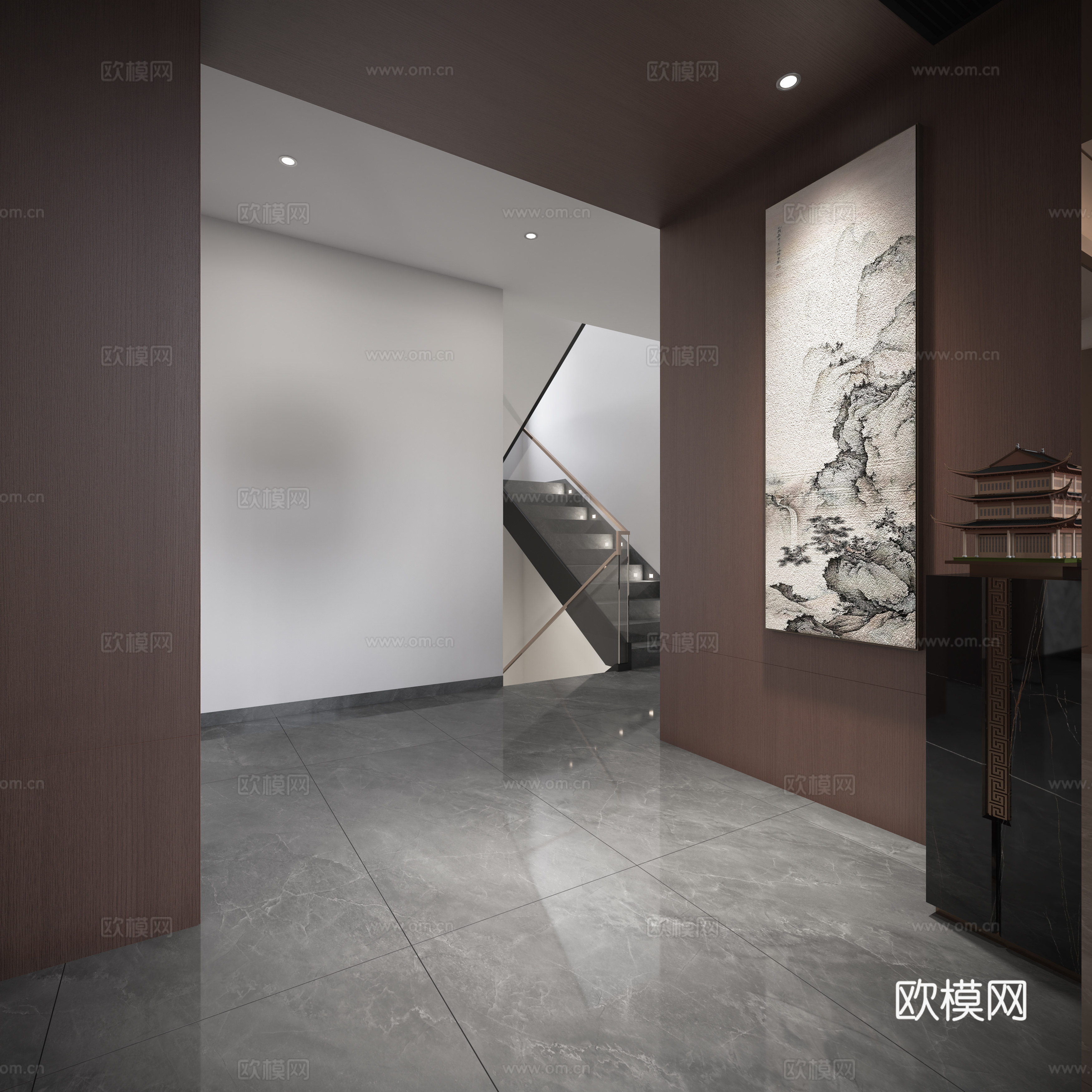 新中式别墅楼梯间   新中式过道楼梯间  新中式走廊过道楼梯3d模型