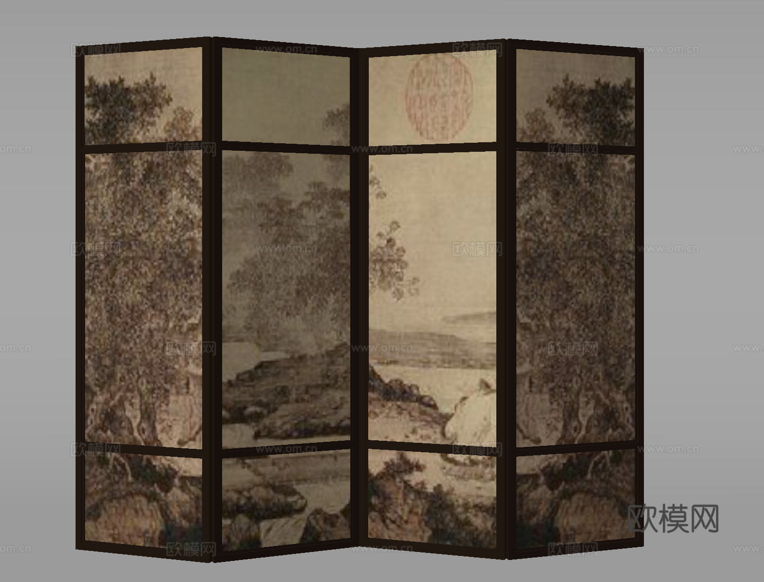 折叠屏风 壁画屏风 隔断 水墨画屏风su模型