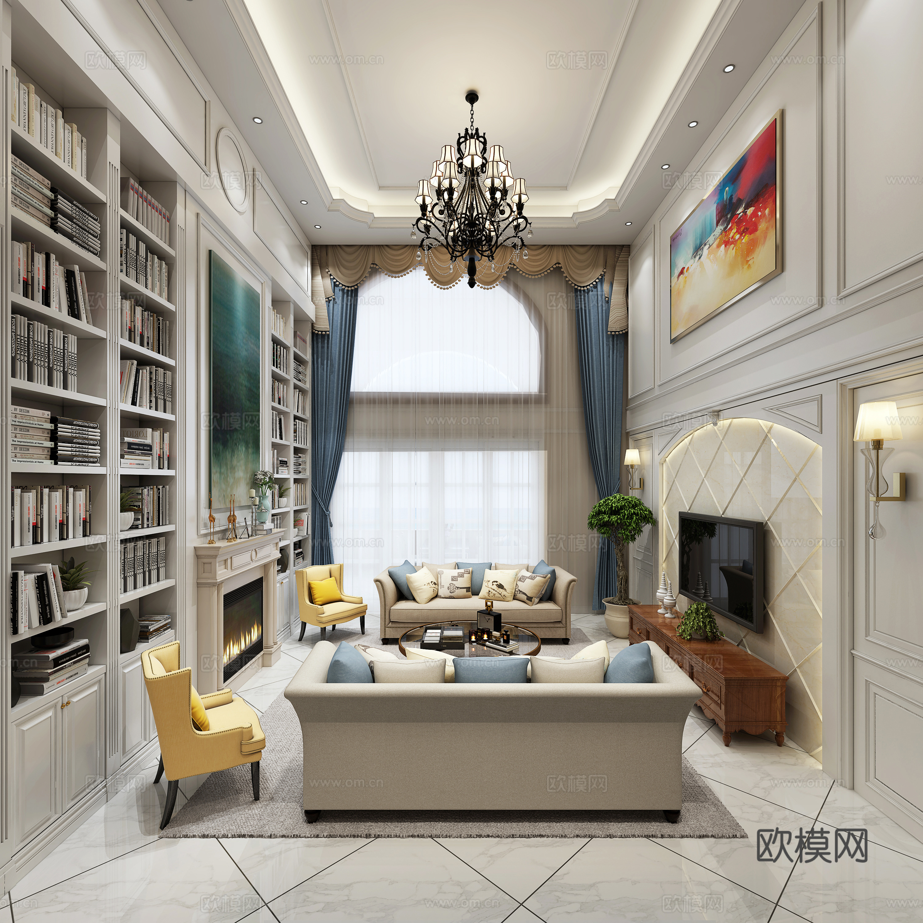 美式复式客厅 书柜 客餐厅 沙发茶几 餐桌椅 客厅 吊灯3d模型