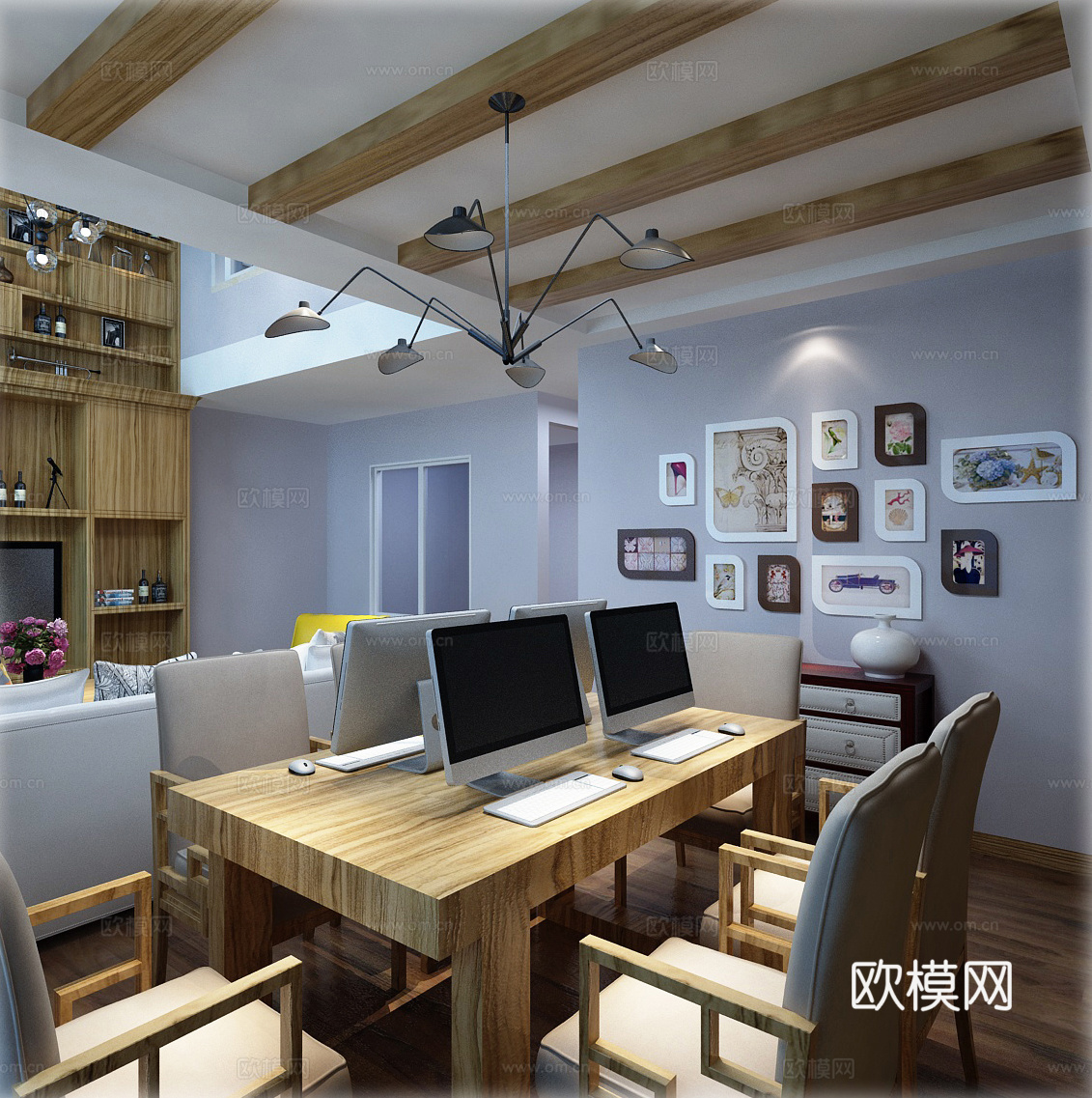 现代客厅 吊灯 多人沙发 单人沙发 橱柜 电脑桌椅3d模型