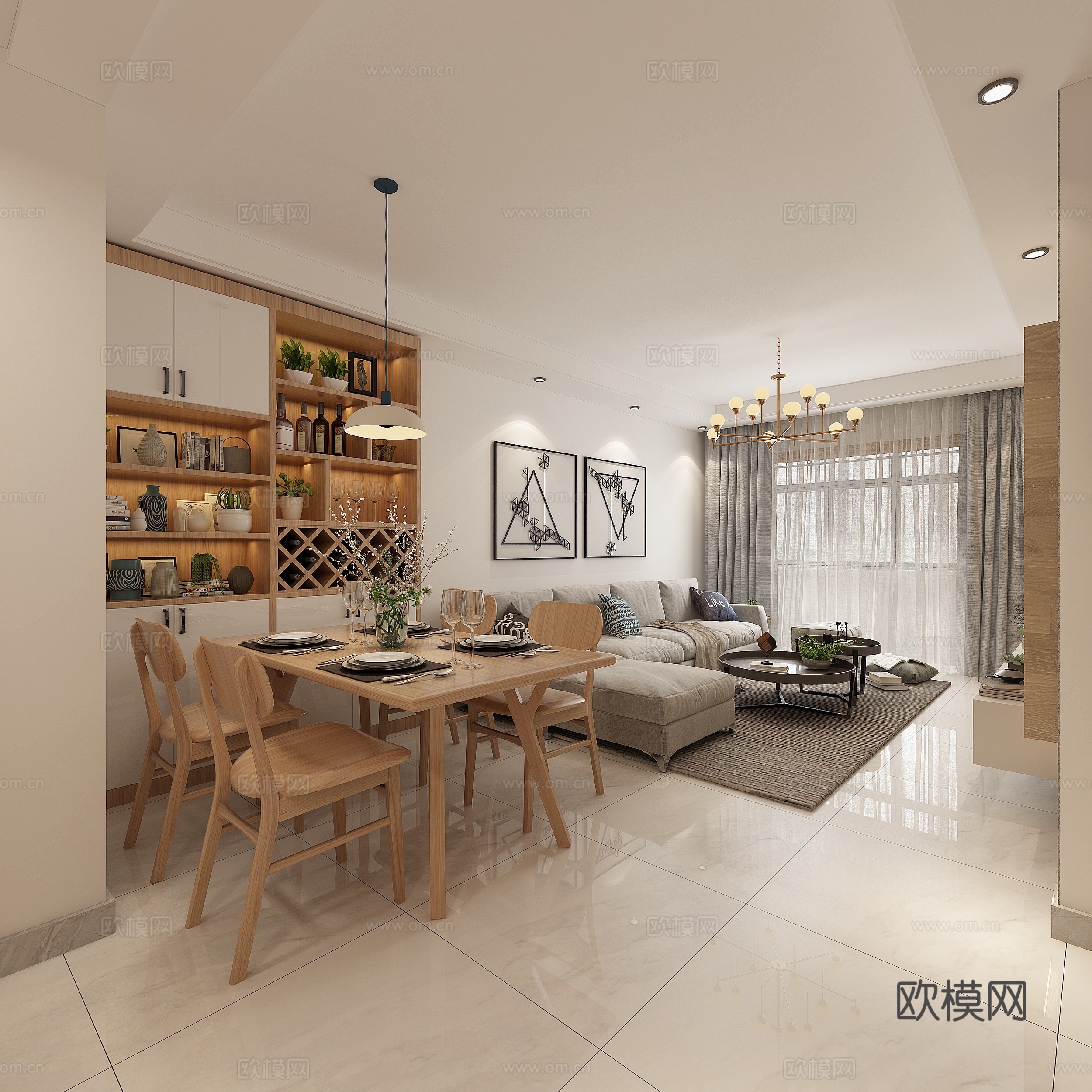 现代客餐厅 吊灯 台灯 多人沙发 单人沙发 茶几 电视柜3d模型