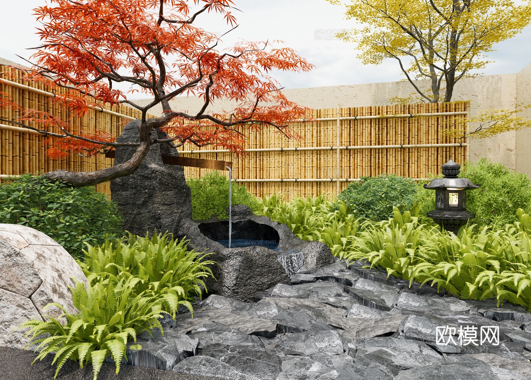 日式庭院小品 新中式景观石 禅意水景小品 流水水钵 花草绿植su模型